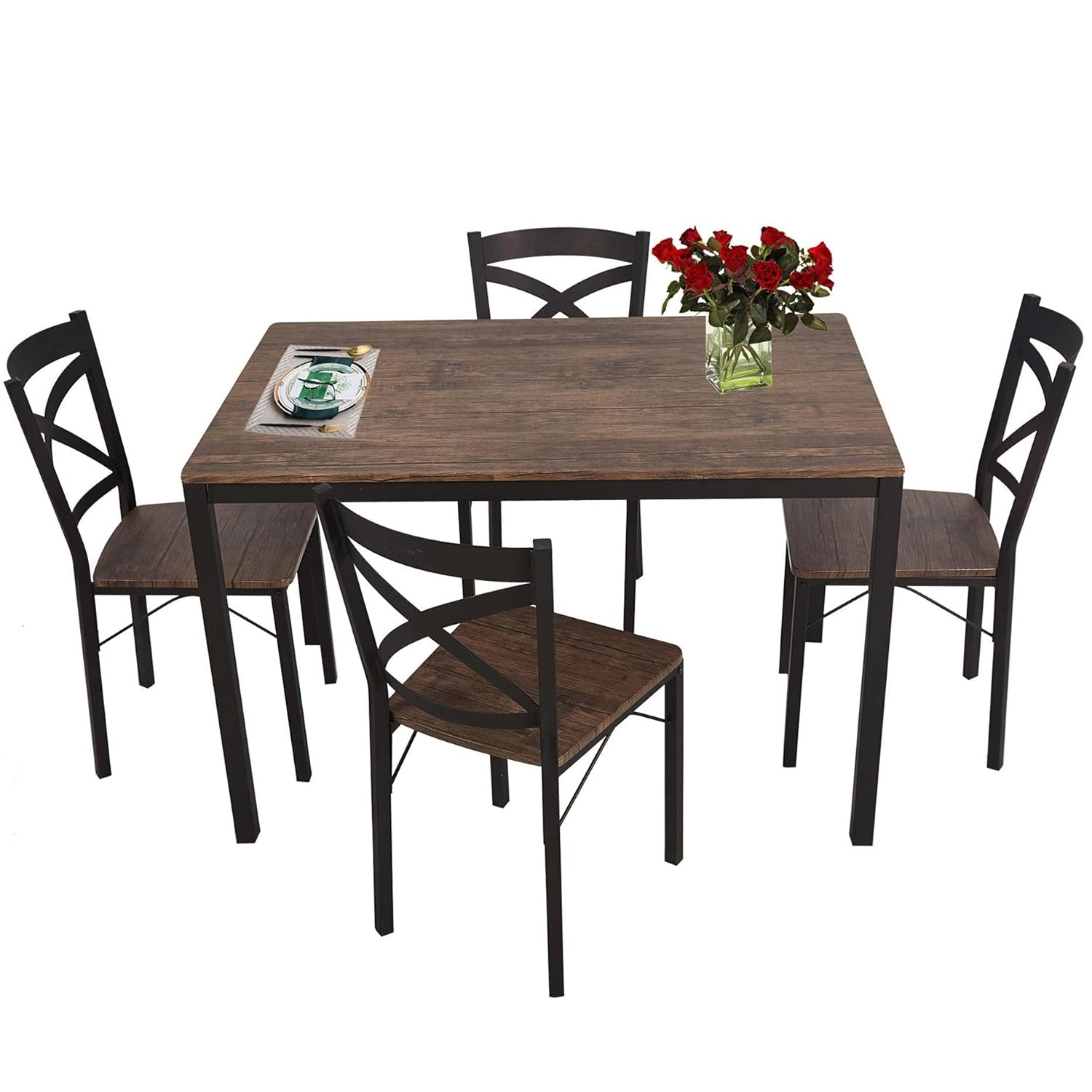 5 Piece Dining Table Set, 1 Dining Table 47.2" for 4 with 4 Dining Chairs Modern Dinette, Metal Backrest