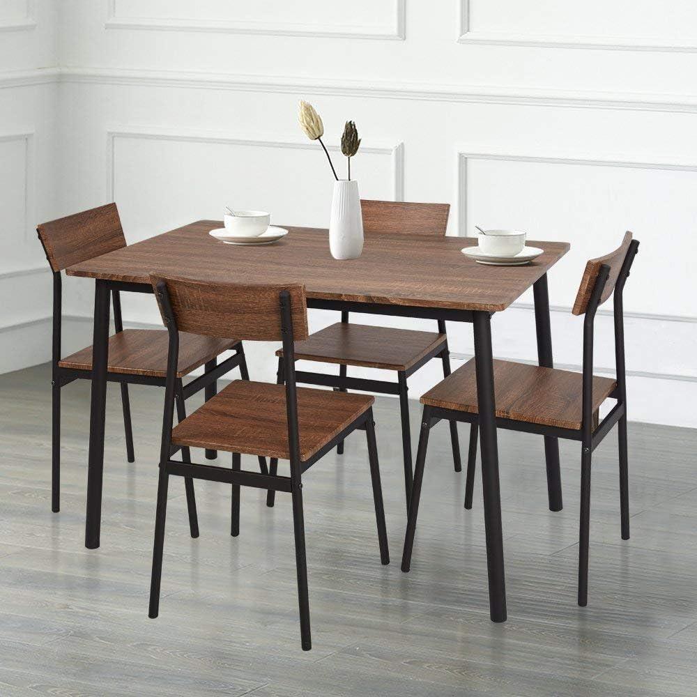 5 Piece Dining Table Set, 1 Dining Table 43.3" for 4 with 4 Dining Chairs Rustic Wooden Dinette, Wood Backrest