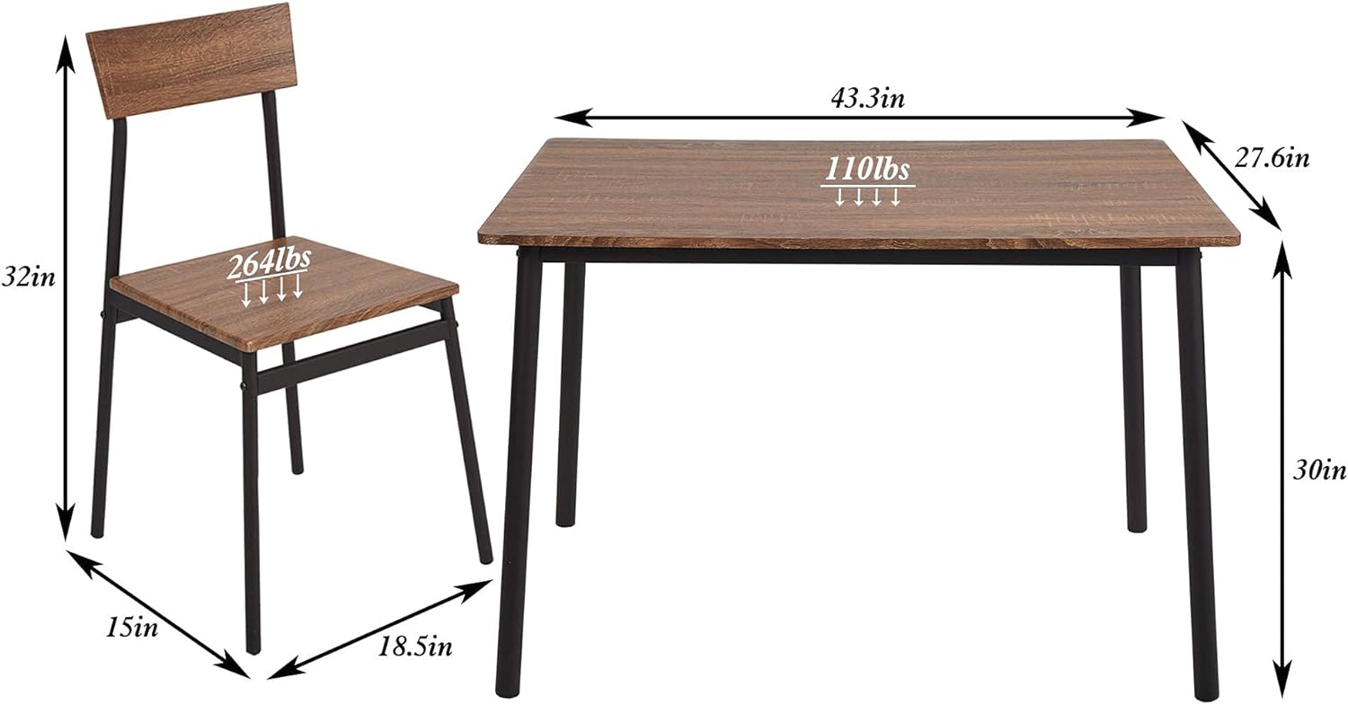 5 Piece Dining Table Set, 1 Dining Table 43.3" for 4 with 4 Dining Chairs Rustic Wooden Dinette, Wood Backrest