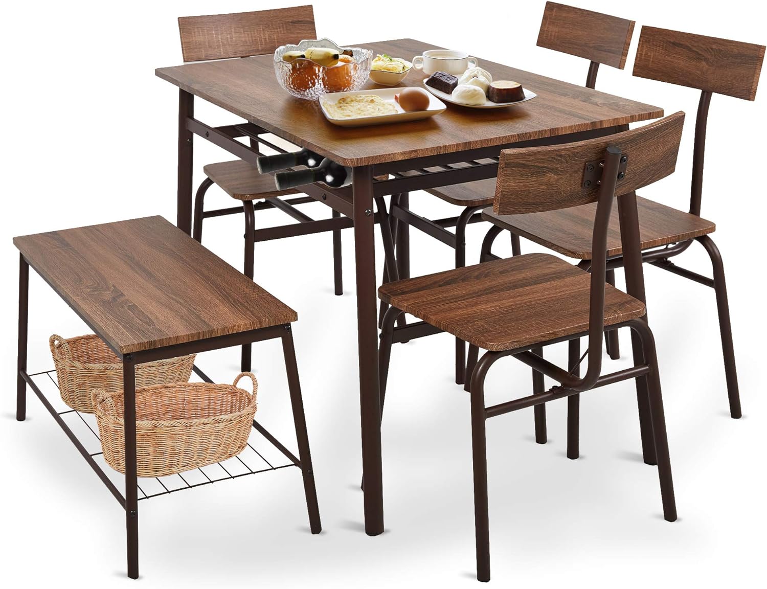 6 Piece Dining Table Set, 1 Dining Table 43.3" for 4-6 with 4 Dining Chairs and 1 Bench Compact Wooden Dinette, Wood Backrest