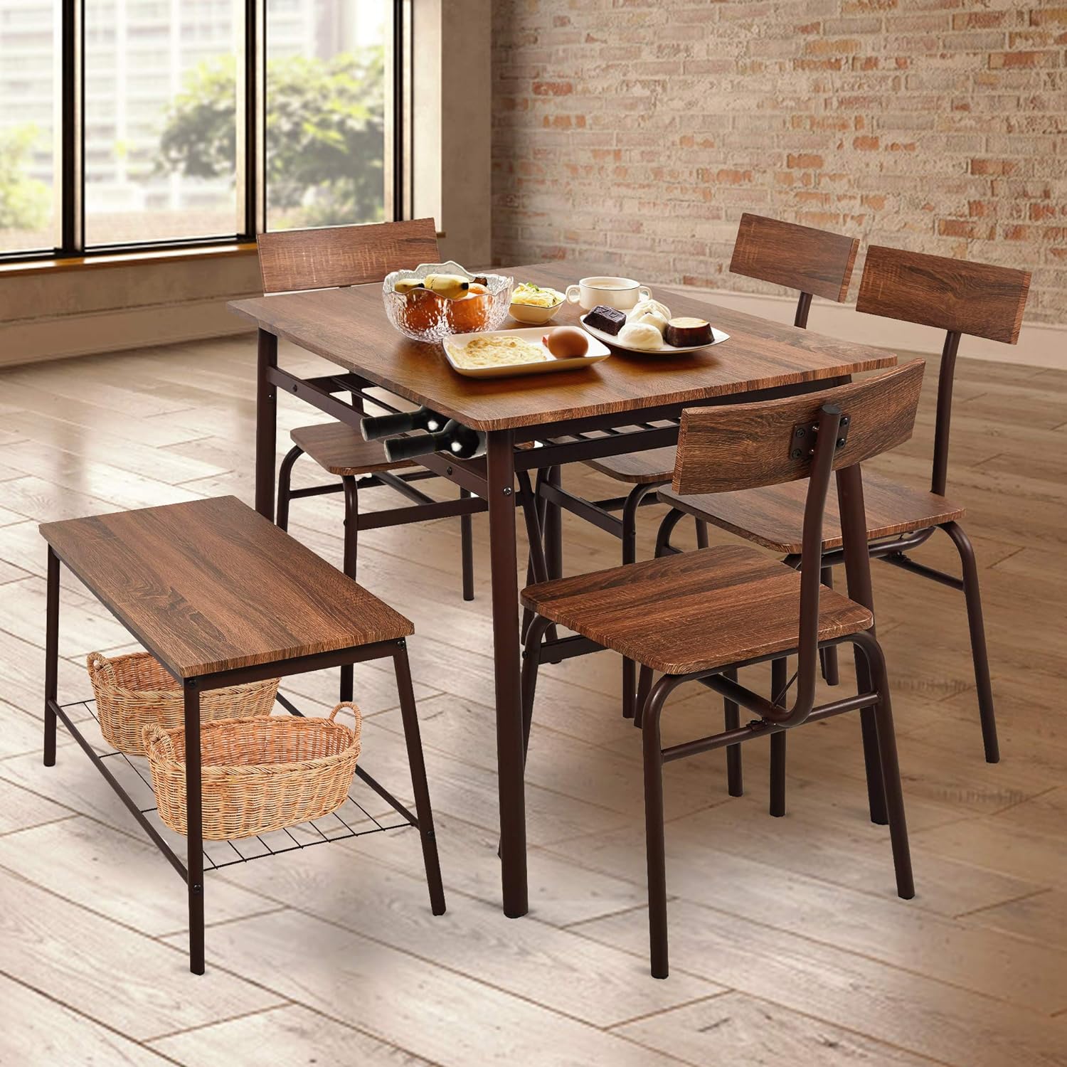 6 Piece Dining Table Set, 1 Dining Table 43.3" for 4-6 with 4 Dining Chairs and 1 Bench Compact Wooden Dinette, Wood Backrest