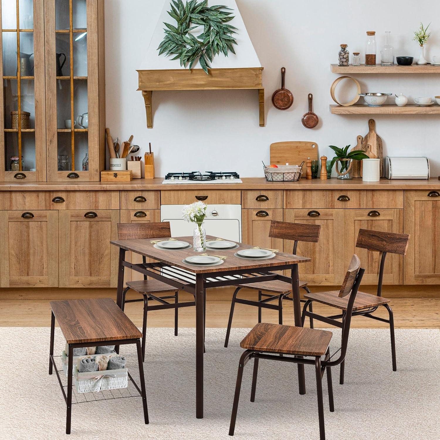 LUCKYERMORE 6 Piece Dining Table Set, 1 Dining Table 43.3" for 4-6 with 4 Dining Chairs and 1 Bench Compact Wooden Dinette, Wood Backrest