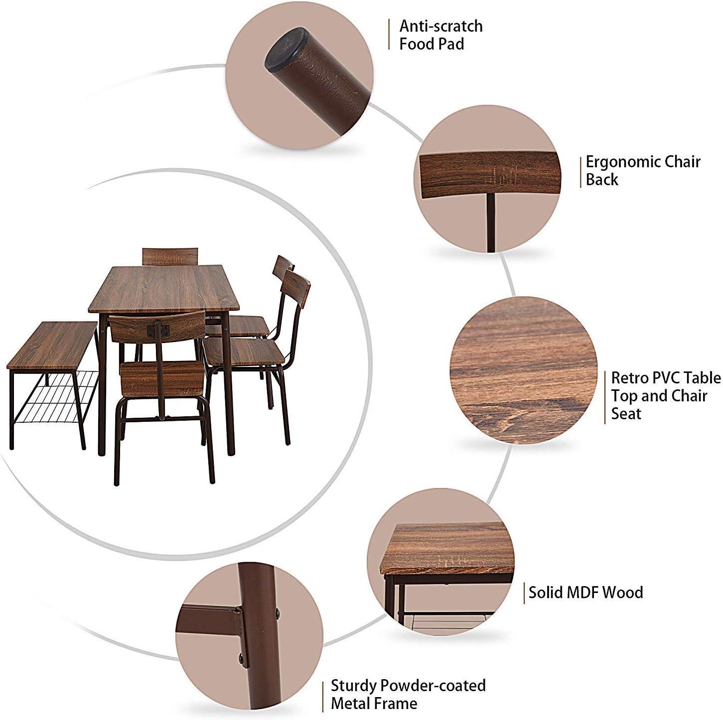 6 Piece Dining Table Set, 1 Dining Table 43.3" for 4-6 with 4 Dining Chairs and 1 Bench Compact Wooden Dinette, Wood Backrest