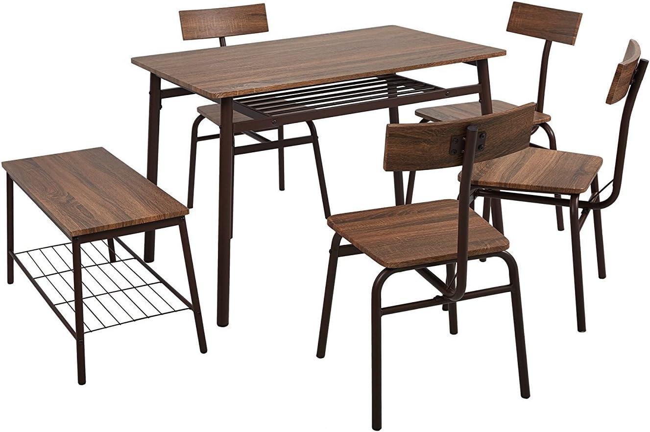 LUCKYERMORE 6 Piece Dining Table Set, 1 Dining Table 43.3" for 4-6 with 4 Dining Chairs and 1 Bench Compact Wooden Dinette, Wood Backrest