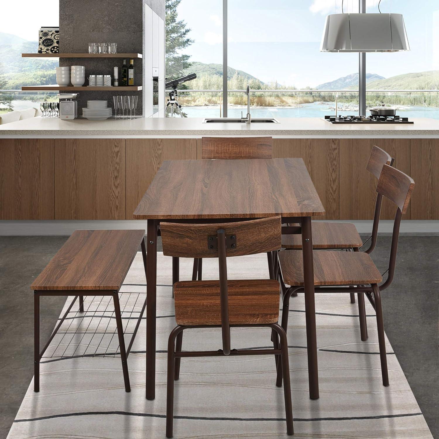 LUCKYERMORE 6 Piece Dining Table Set, 1 Dining Table 43.3" for 4-6 with 4 Dining Chairs and 1 Bench Compact Wooden Dinette, Wood Backrest