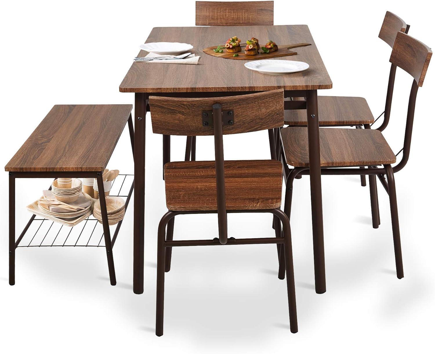 LUCKYERMORE 6 Piece Dining Table Set, 1 Dining Table 43.3" for 4-6 with 4 Dining Chairs and 1 Bench Compact Wooden Dinette, Wood Backrest