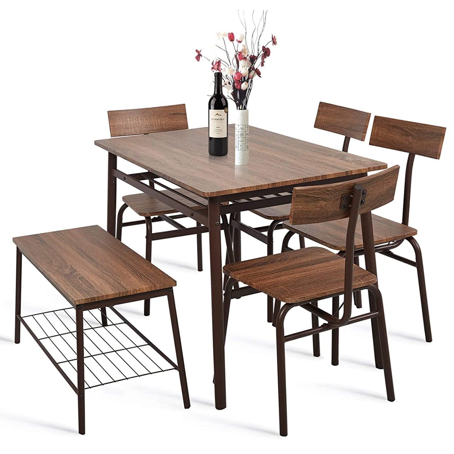 6 Piece Dining Table Set, 1 Dining Table 43.3" for 4-6 with 4 Dining Chairs and 1 Bench Compact Wooden Dinette, Wood Backrest