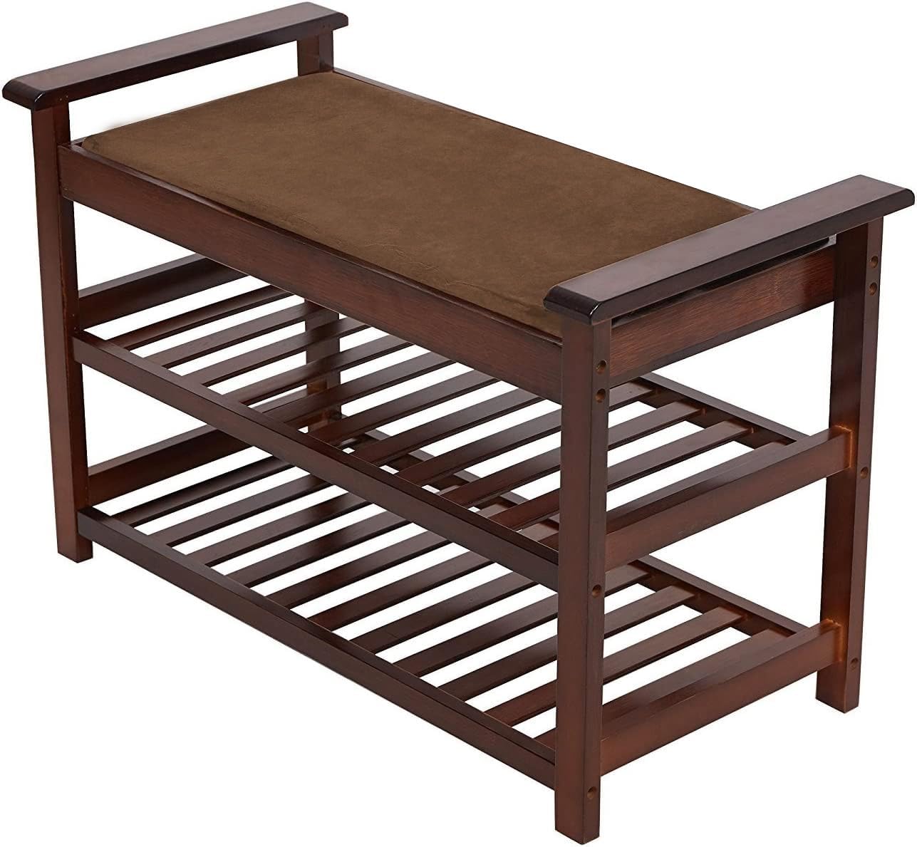 2-Tier Upholstered Bamboo Shoe Rack Bench 30" Entryway Shelf Organizer Storage Bench, Brown