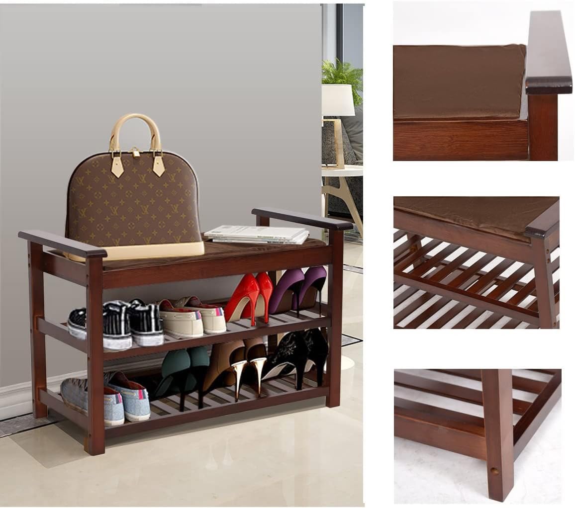 2-Tier Upholstered Bamboo Shoe Rack Bench 30" Entryway Shelf Organizer Storage Bench, Brown