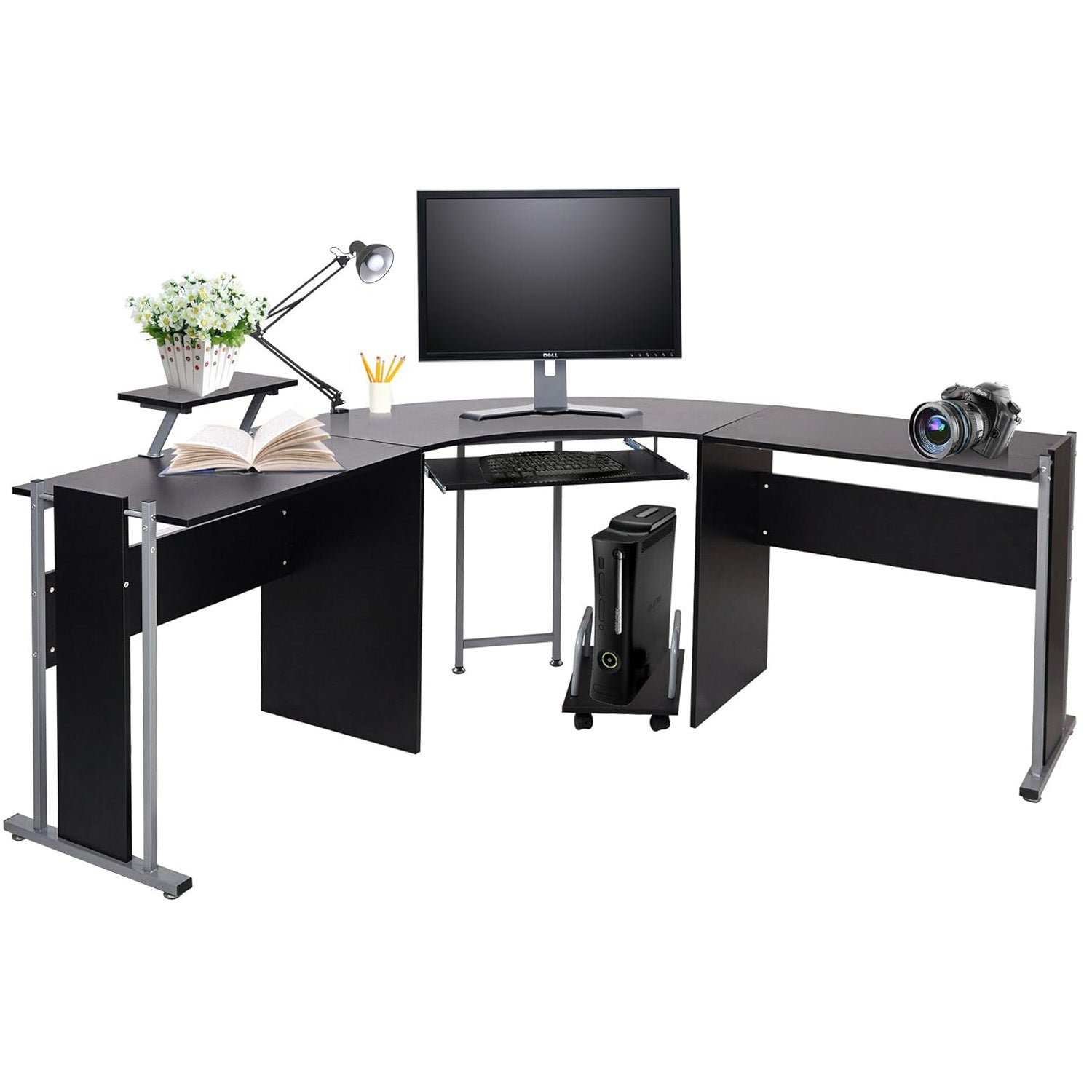 71" L Shaped Gaming Desk with Monitor Stand Keyboard Tray Home Office Large Computer Corner Desk, Black