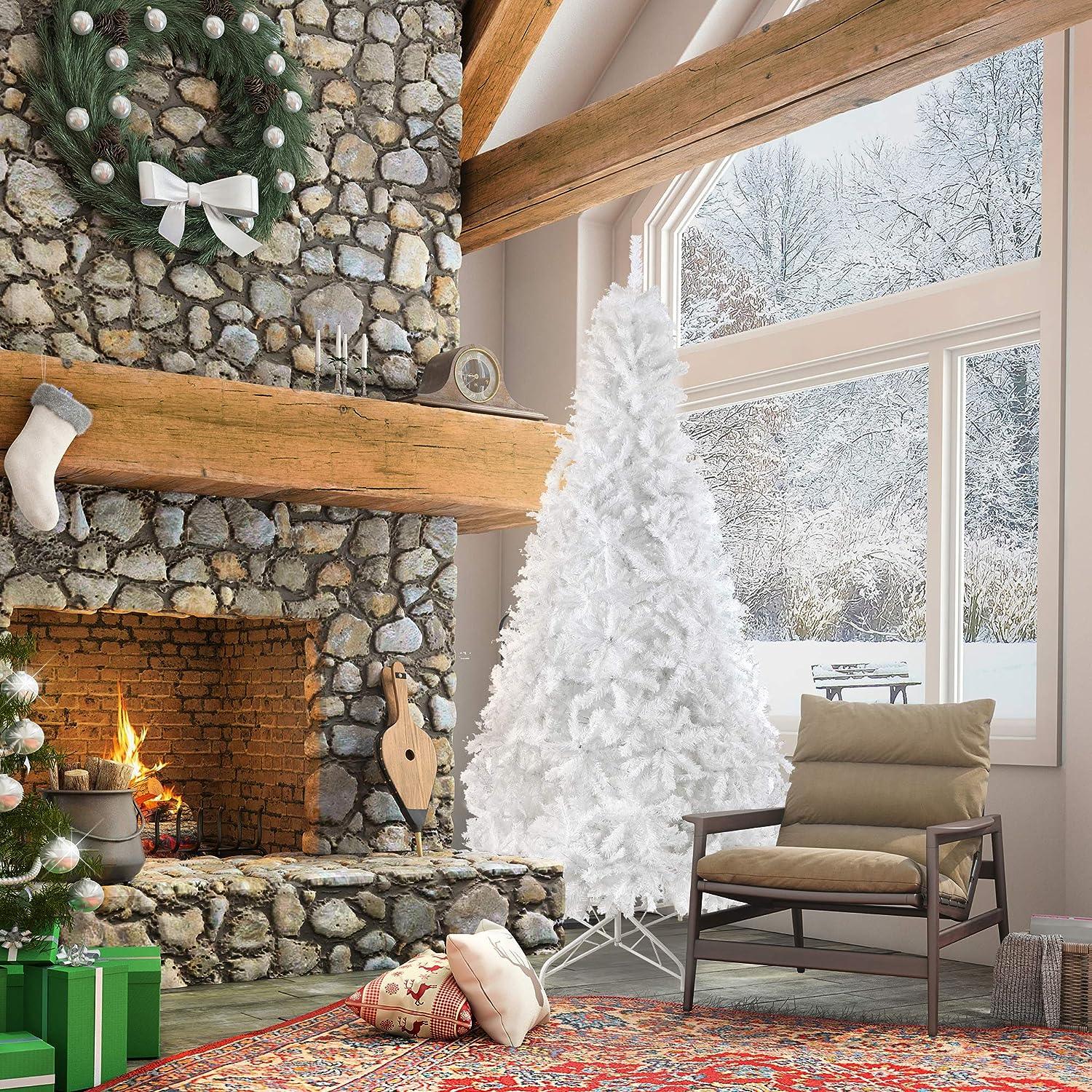 LUCKYERMORE 10ft Artificial Christmas Tree Xmas Pine Trees with 2150 Tips Sturdy Metal Stand, White