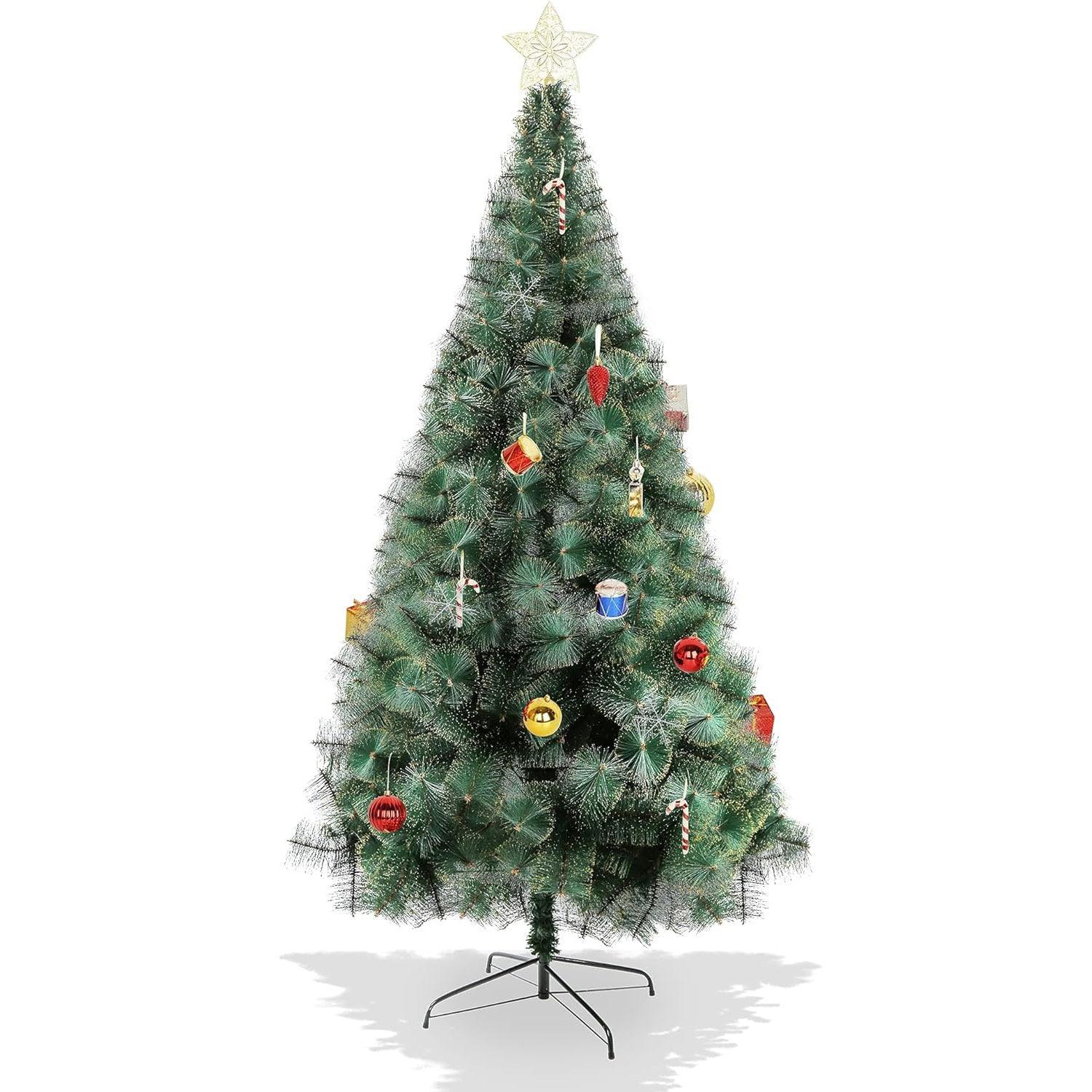 8ft Gold Flocked Christmas Pine Tree Xmas Tree with 460 Branch Tips and Decorations - Luckyermore