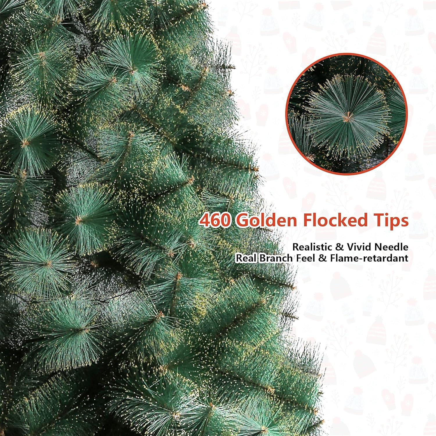 8ft Gold Flocked Christmas Pine Tree Xmas Tree with 460 Branch Tips and Decorations - Luckyermore