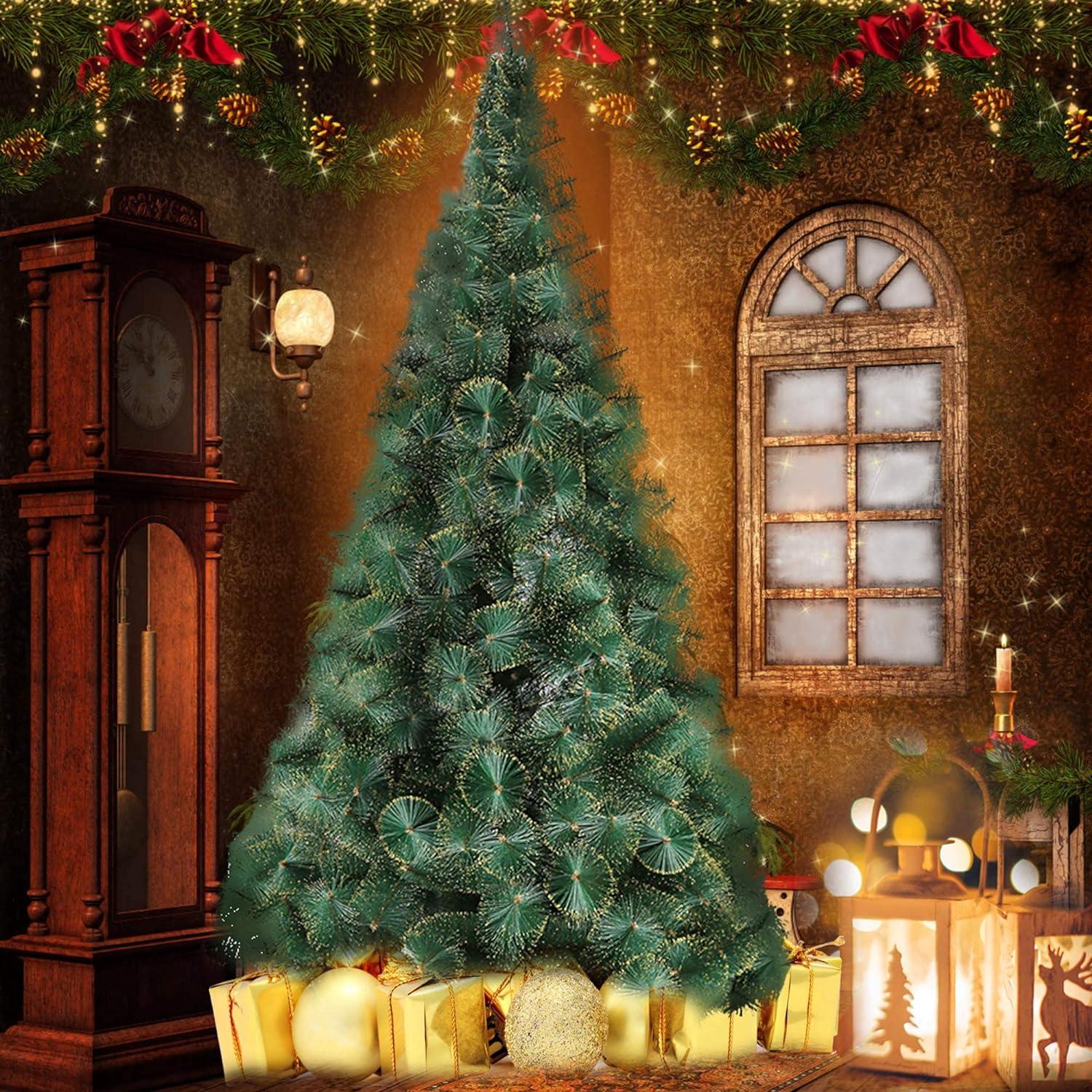 8ft Gold Flocked Christmas Pine Tree Xmas Tree with 460 Branch Tips and Decorations - Luckyermore