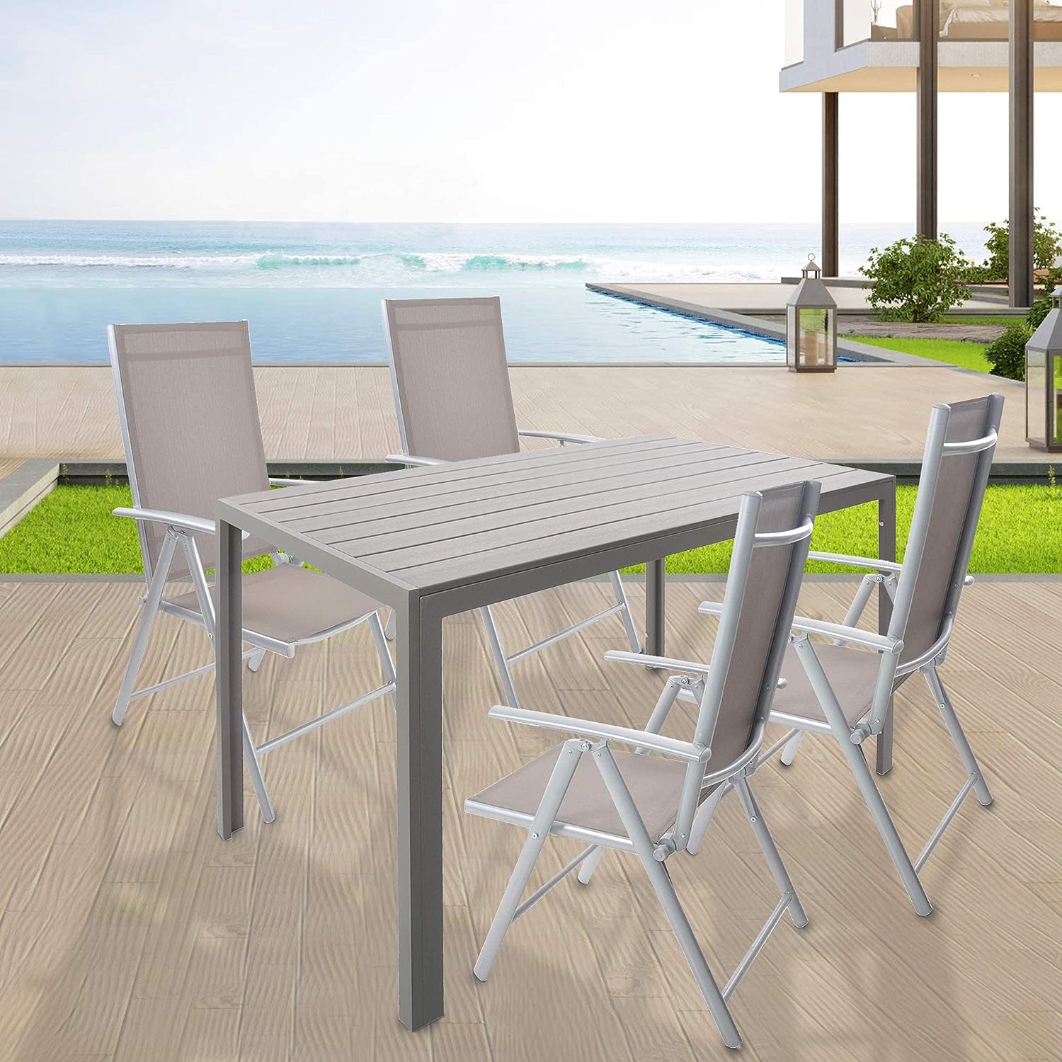 5 Piece Outdoor Patio Table Set, 1 Dining Table 55" for 4-6 with 4 Folding Chairs Aluminum Frame Outdoor Dining Set