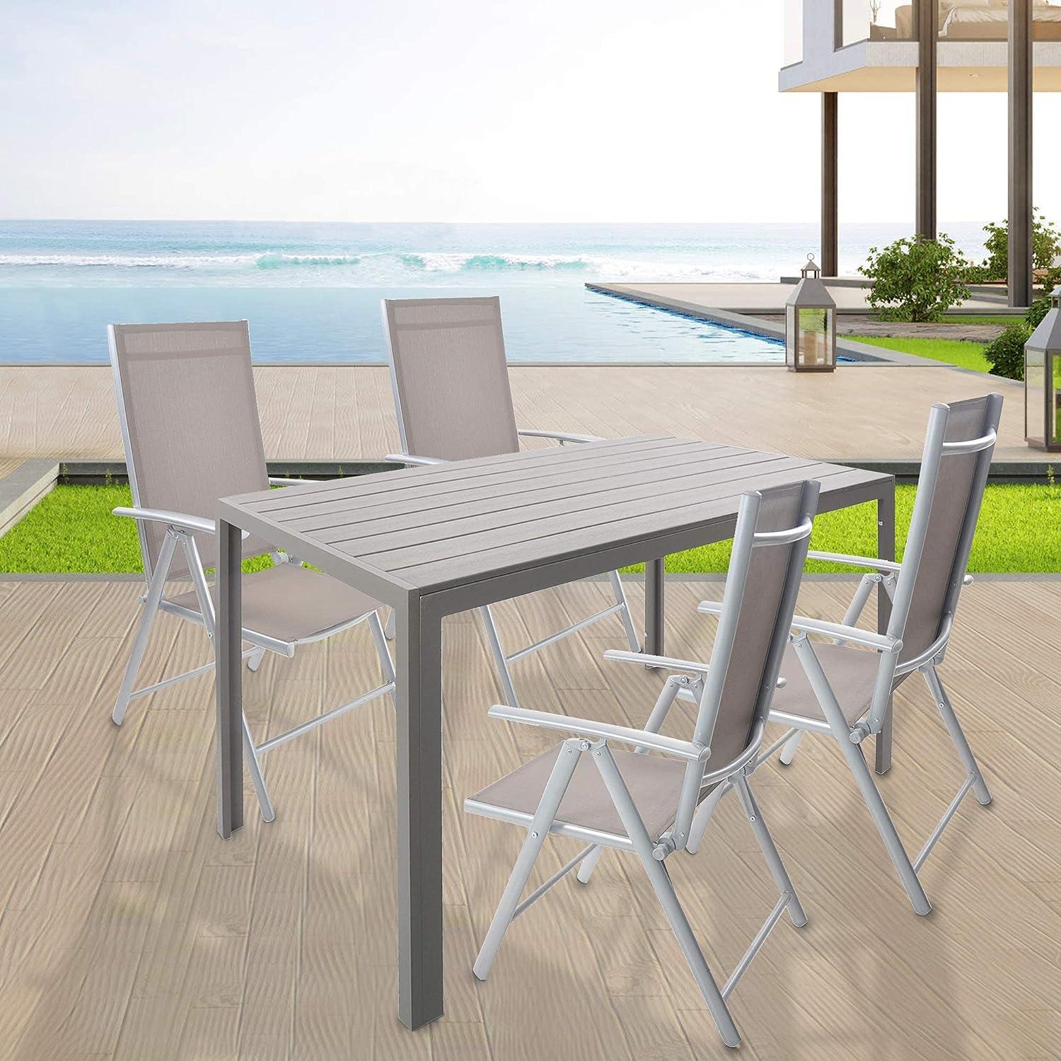 LUCKYERMORE 5 Piece Outdoor Patio Table Set, 1 Dining Table 55" for 4-6 with 4 Folding Chairs Aluminum Frame Outdoor Dining Set