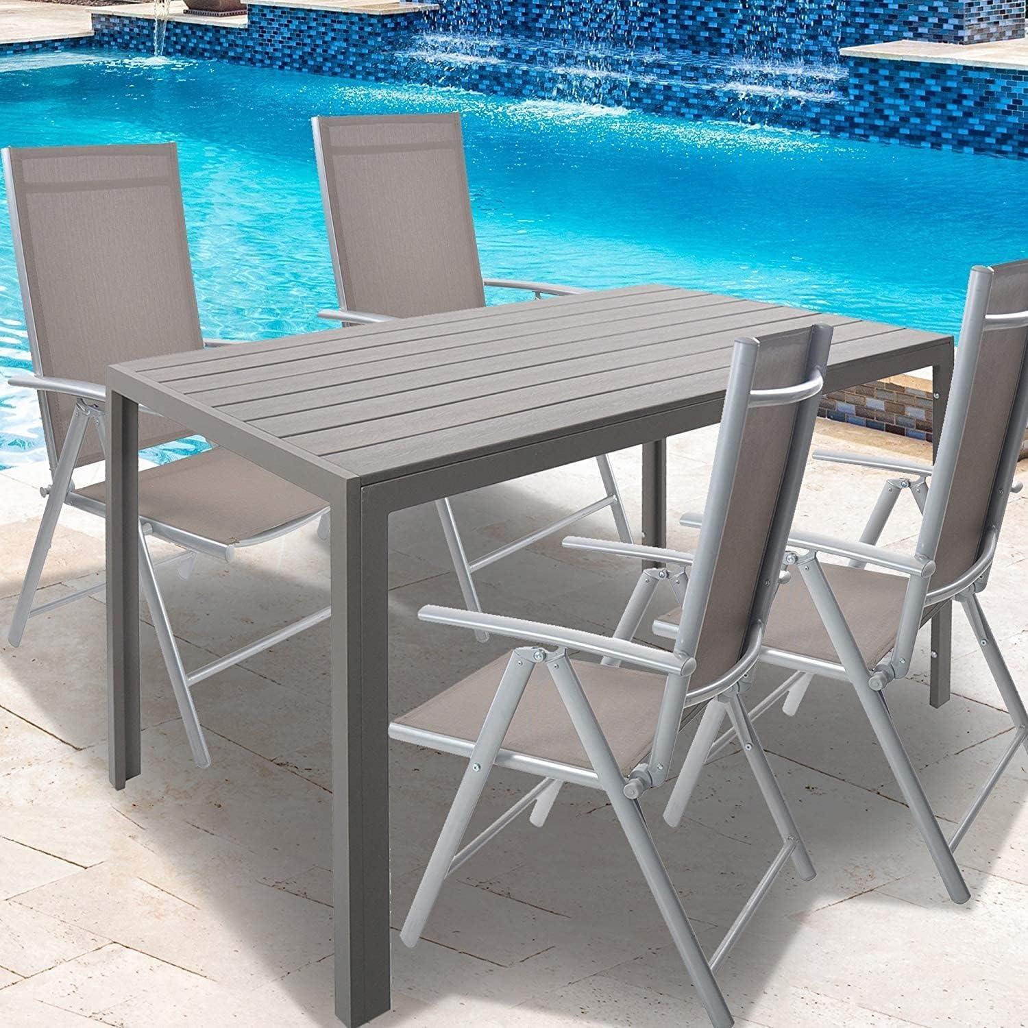 LUCKYERMORE 5 Piece Outdoor Patio Table Set, 1 Dining Table 55" for 4-6 with 4 Folding Chairs Aluminum Frame Outdoor Dining Set