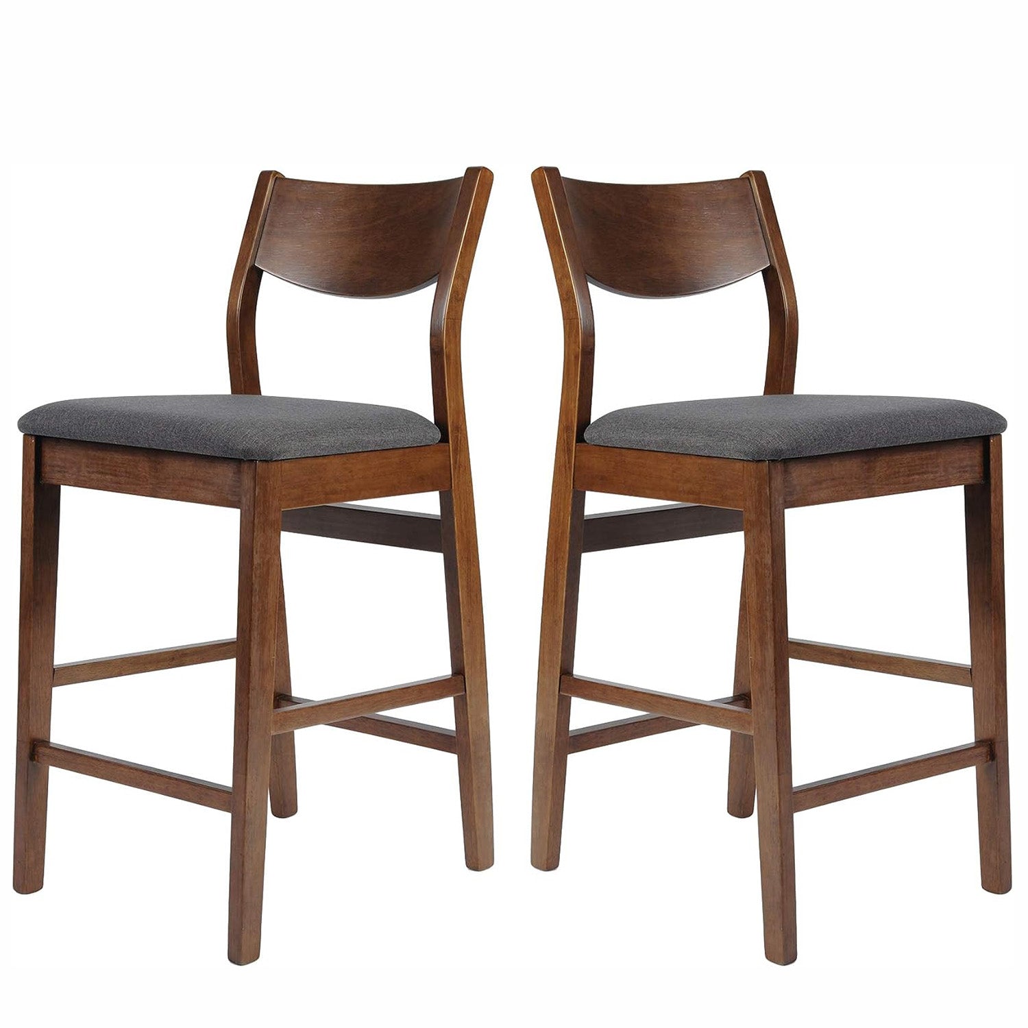 Set of 2 Dining Chairs Bar Stools Upholstered 24" High Chairs, Dark Gray Fabric and Walnut Finish