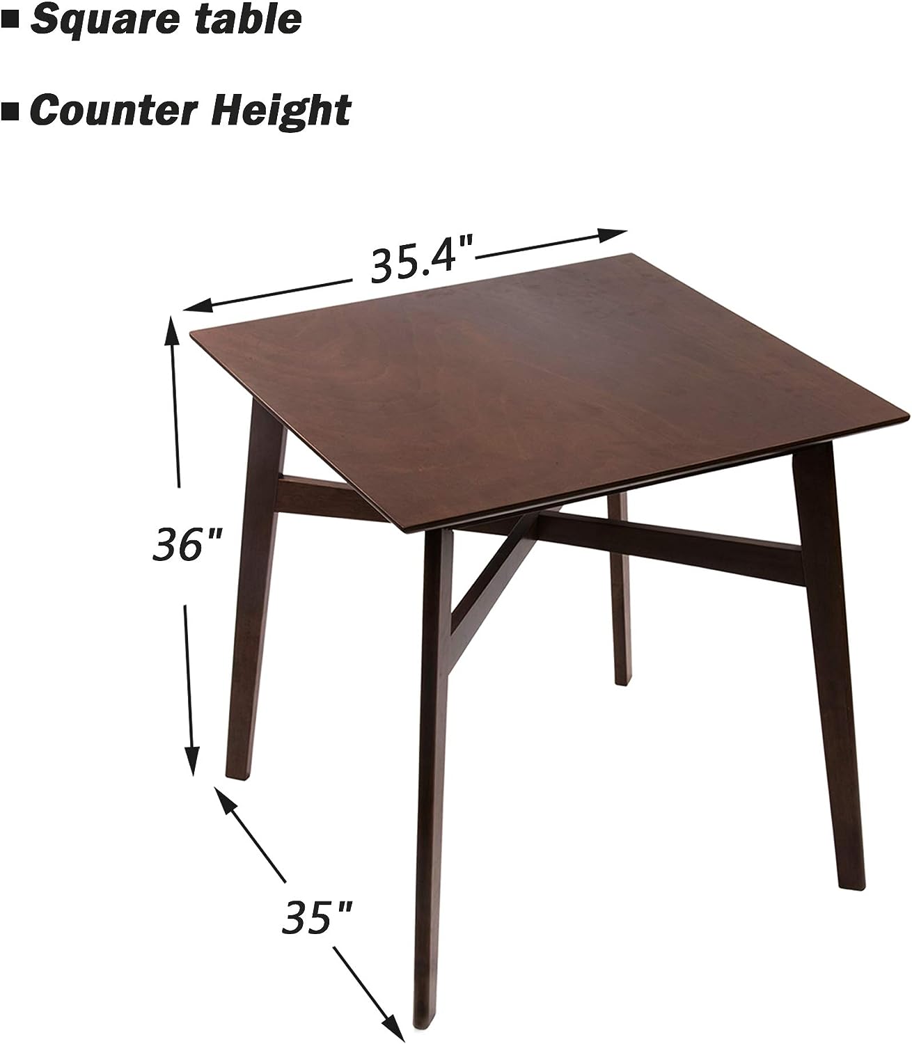 36" Square High Top Bar Table for 2-4 Dining Kitchen Table with Solid Wood Leg