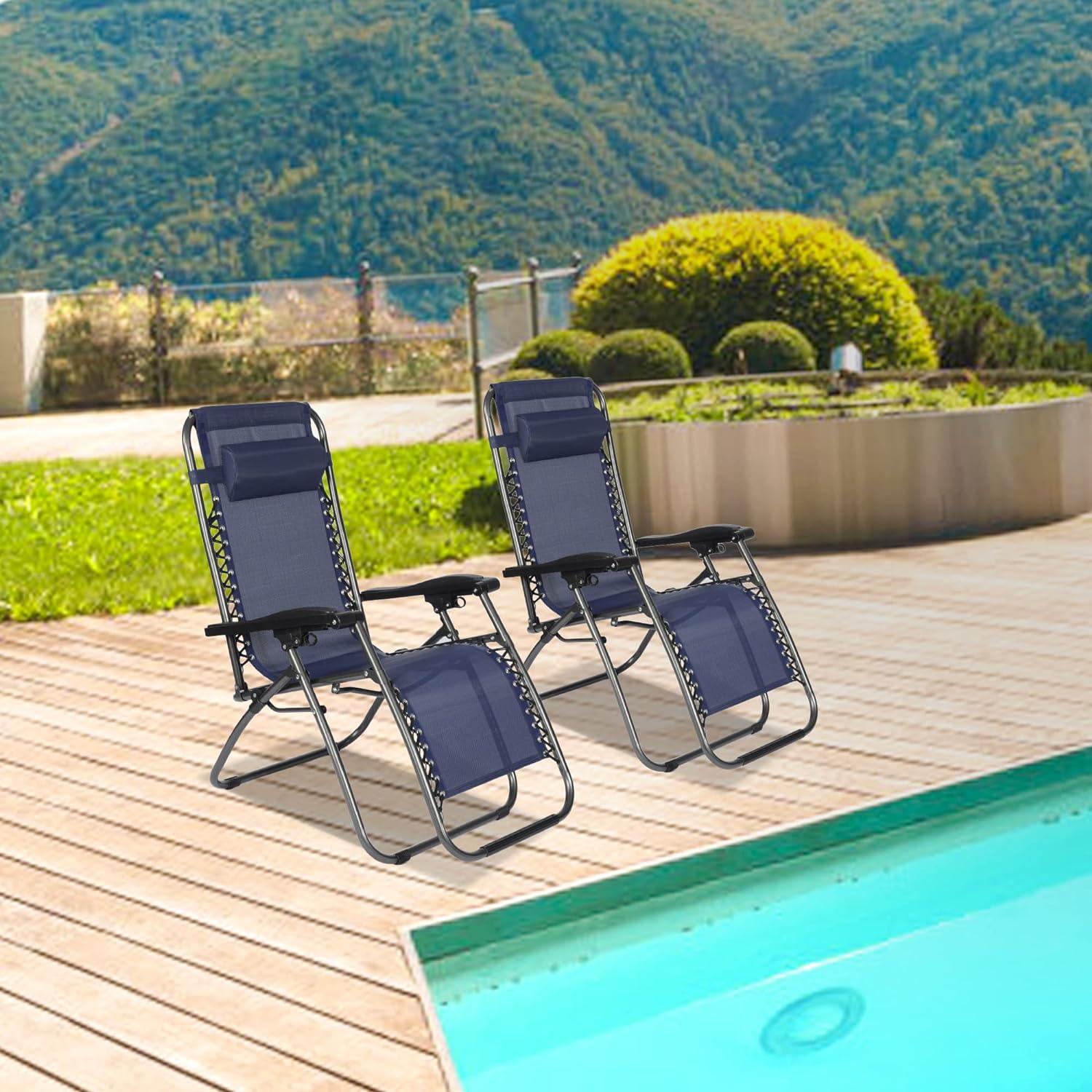LUCKYERMORE Set of 2 Adjustable Zero Gravity Chair, Folding Reclining Patio Lounge Chair with Pillow, Dark Blue