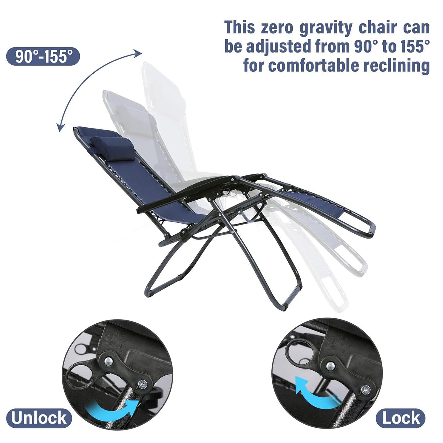LUCKYERMORE Set of 2 Adjustable Zero Gravity Chair, Folding Reclining Patio Lounge Chair with Pillow, Dark Blue