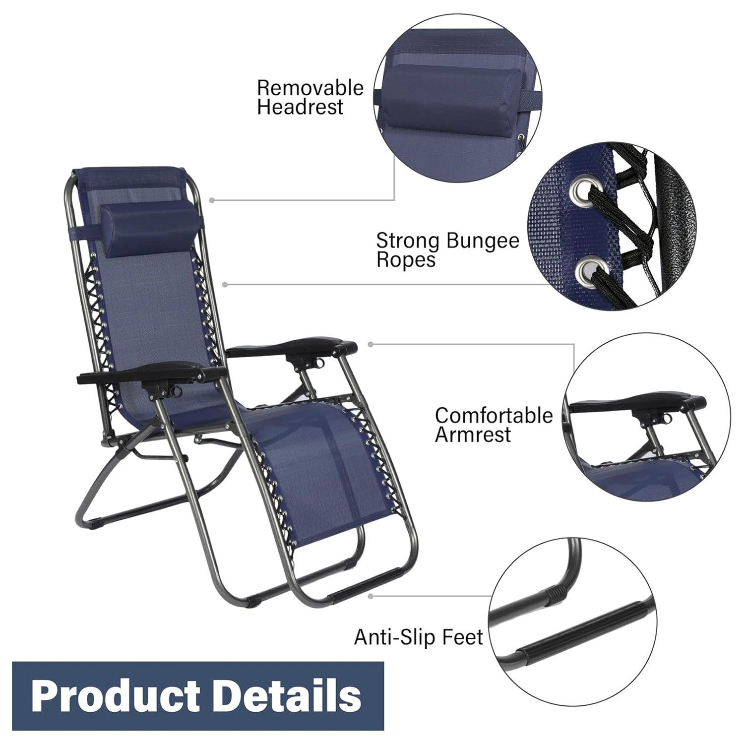 LUCKYERMORE Set of 2 Adjustable Zero Gravity Chair, Folding Reclining Patio Lounge Chair with Pillow, Dark Blue