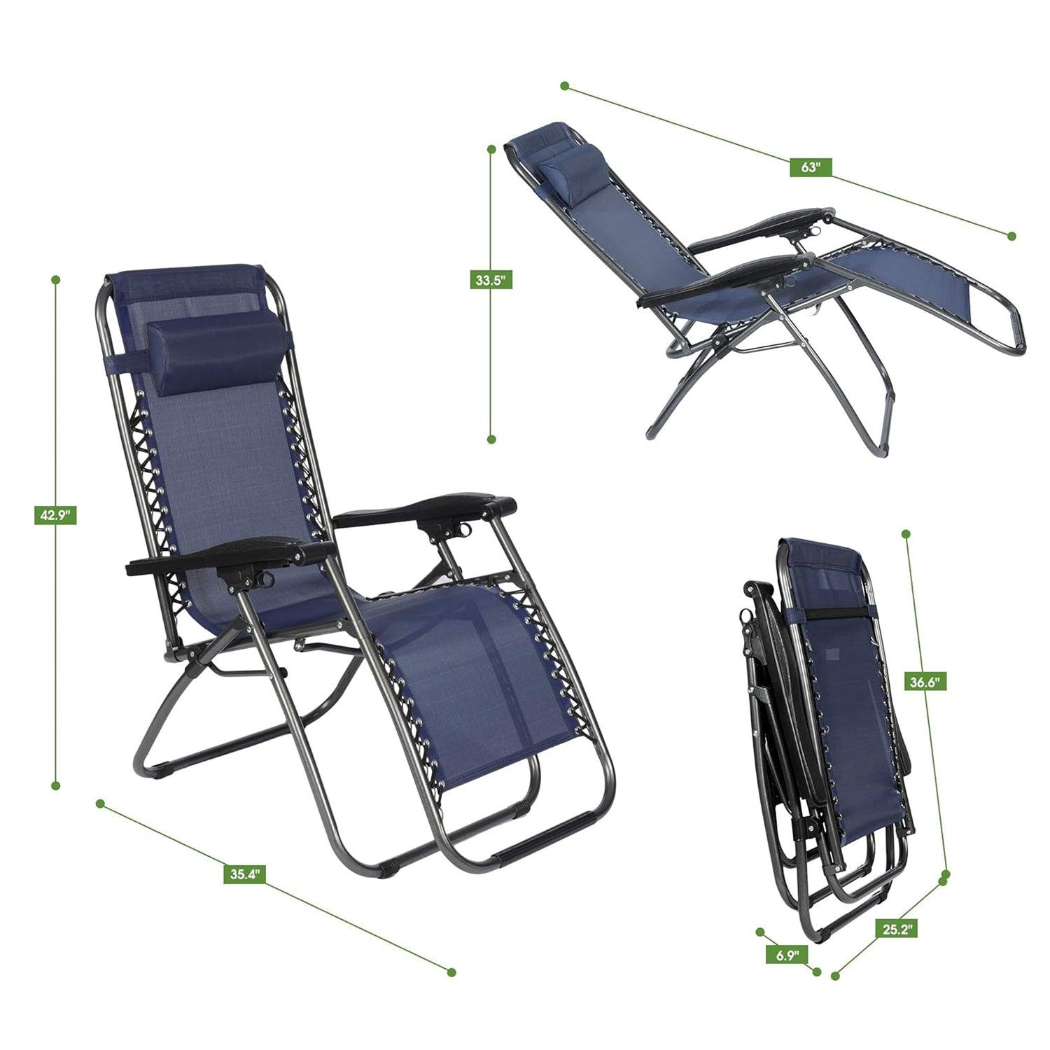 LUCKYERMORE Set of 2 Adjustable Zero Gravity Chair, Folding Reclining Patio Lounge Chair with Pillow, Dark Blue