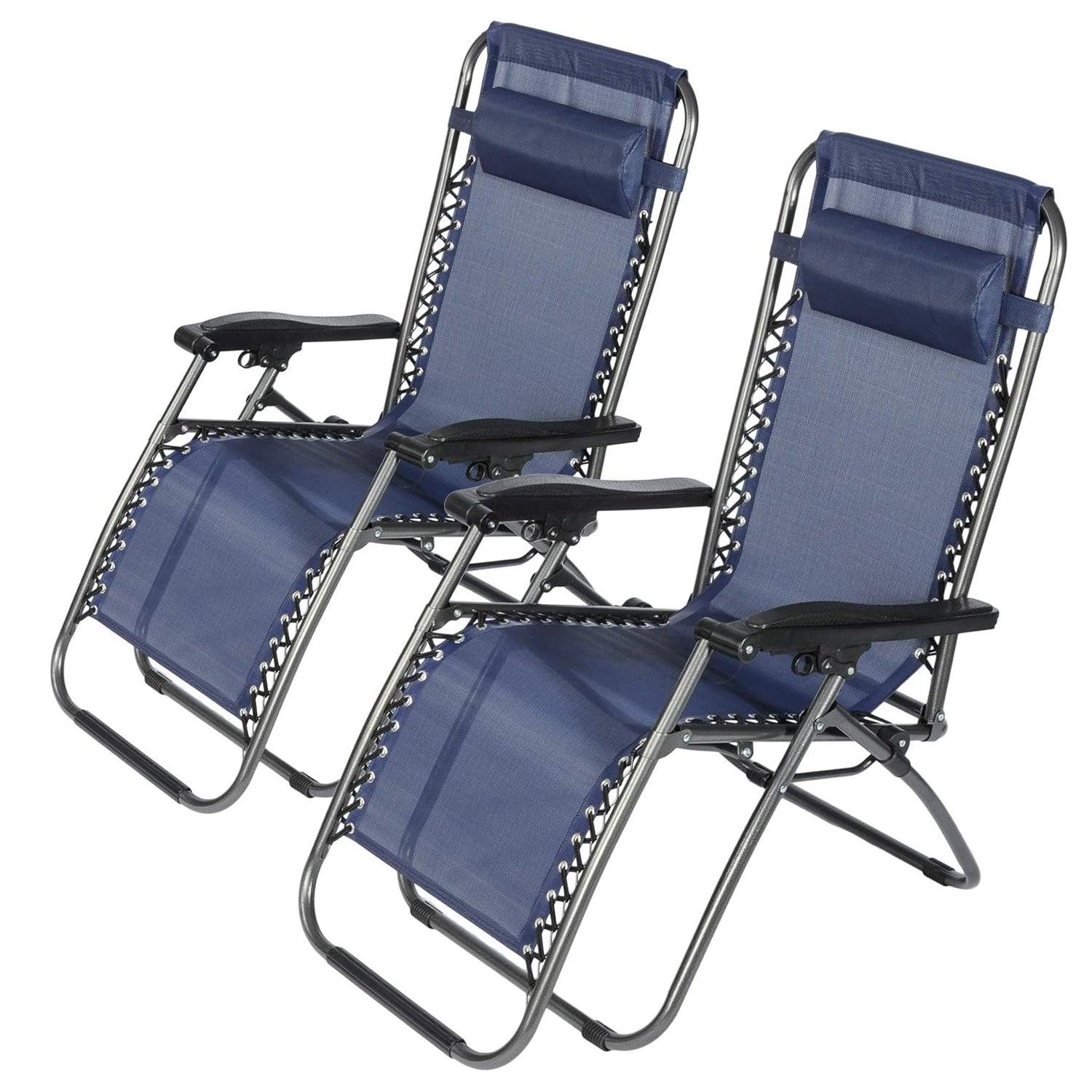 Set of 2 Adjustable Zero Gravity Chair, Folding Reclining Patio Lounge Chair with Pillow, Dark Blue