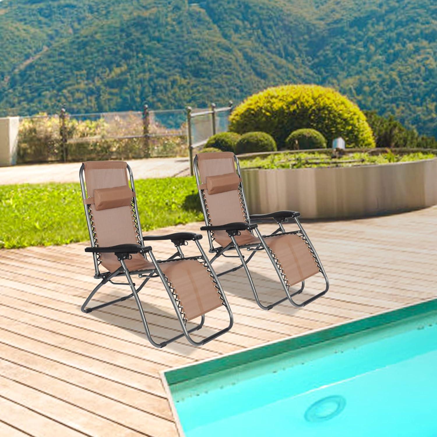 LUCKYERMORE Set of 2 Adjustable Zero Gravity Chair, Folding Reclining Patio Lounge Chair with Pillow, Brown