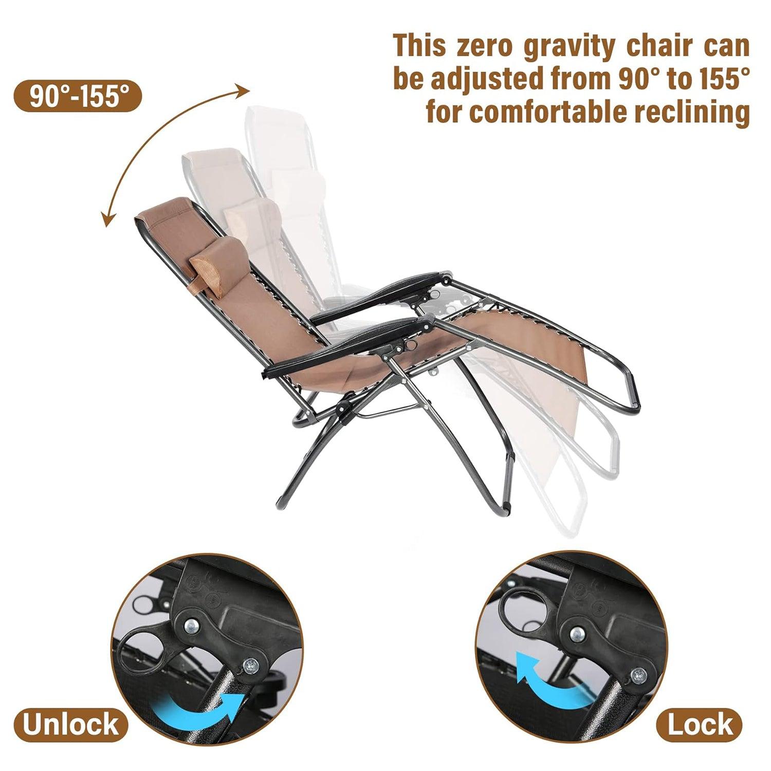LUCKYERMORE Set of 2 Adjustable Zero Gravity Chair, Folding Reclining Patio Lounge Chair with Pillow, Brown