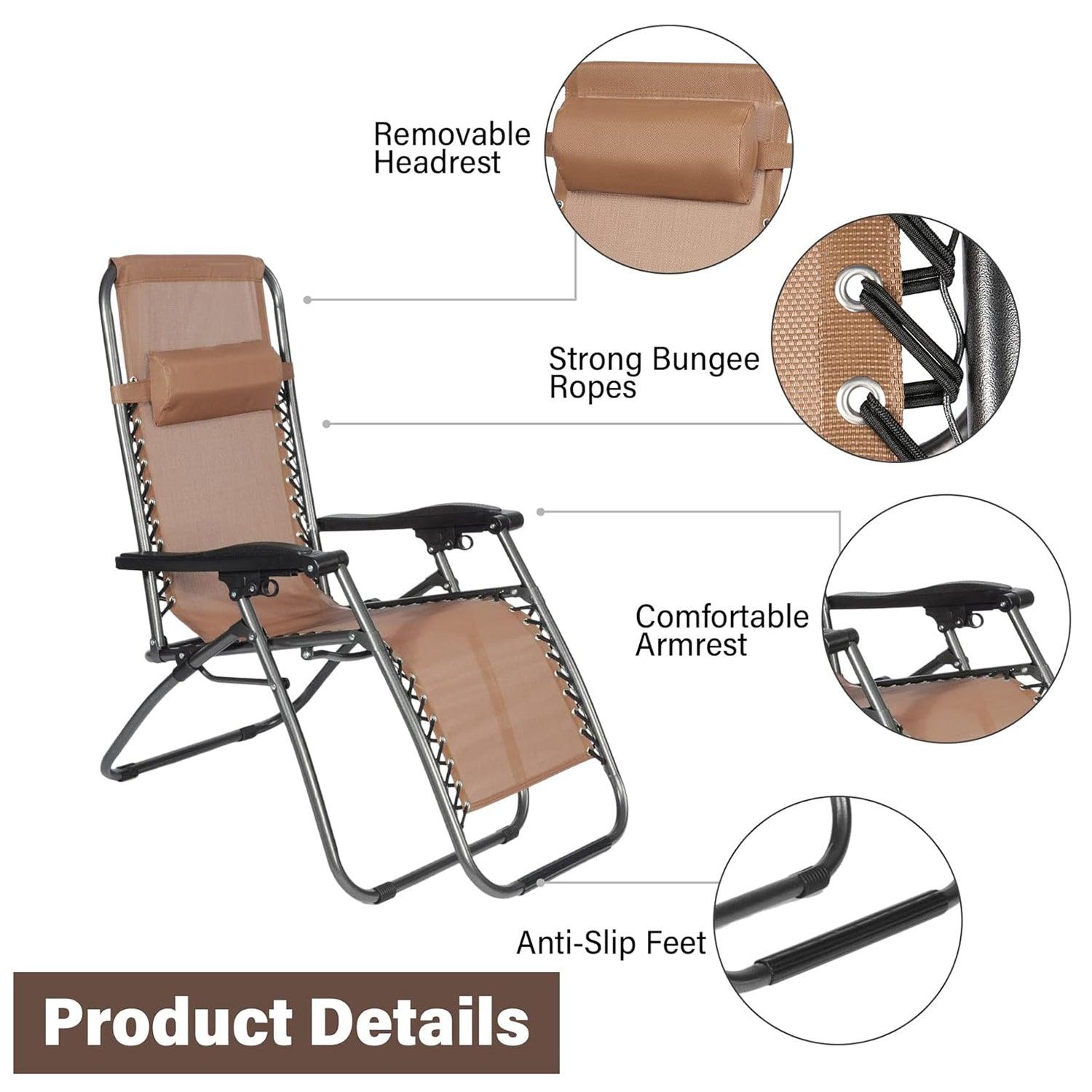 LUCKYERMORE Set of 2 Adjustable Zero Gravity Chair, Folding Reclining Patio Lounge Chair with Pillow, Brown