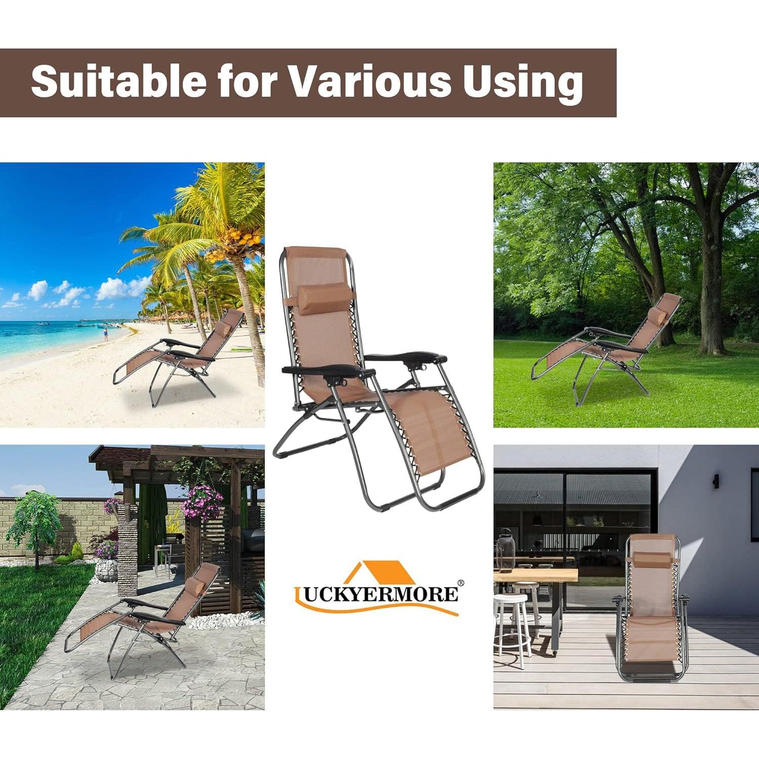 LUCKYERMORE Set of 2 Adjustable Zero Gravity Chair, Folding Reclining Patio Lounge Chair with Pillow, Brown