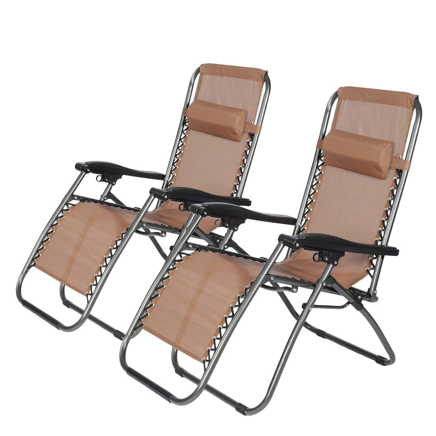 LUCKYERMORE Set of 2 Adjustable Zero Gravity Chair, Folding Reclining Patio Lounge Chair with Pillow, Brown