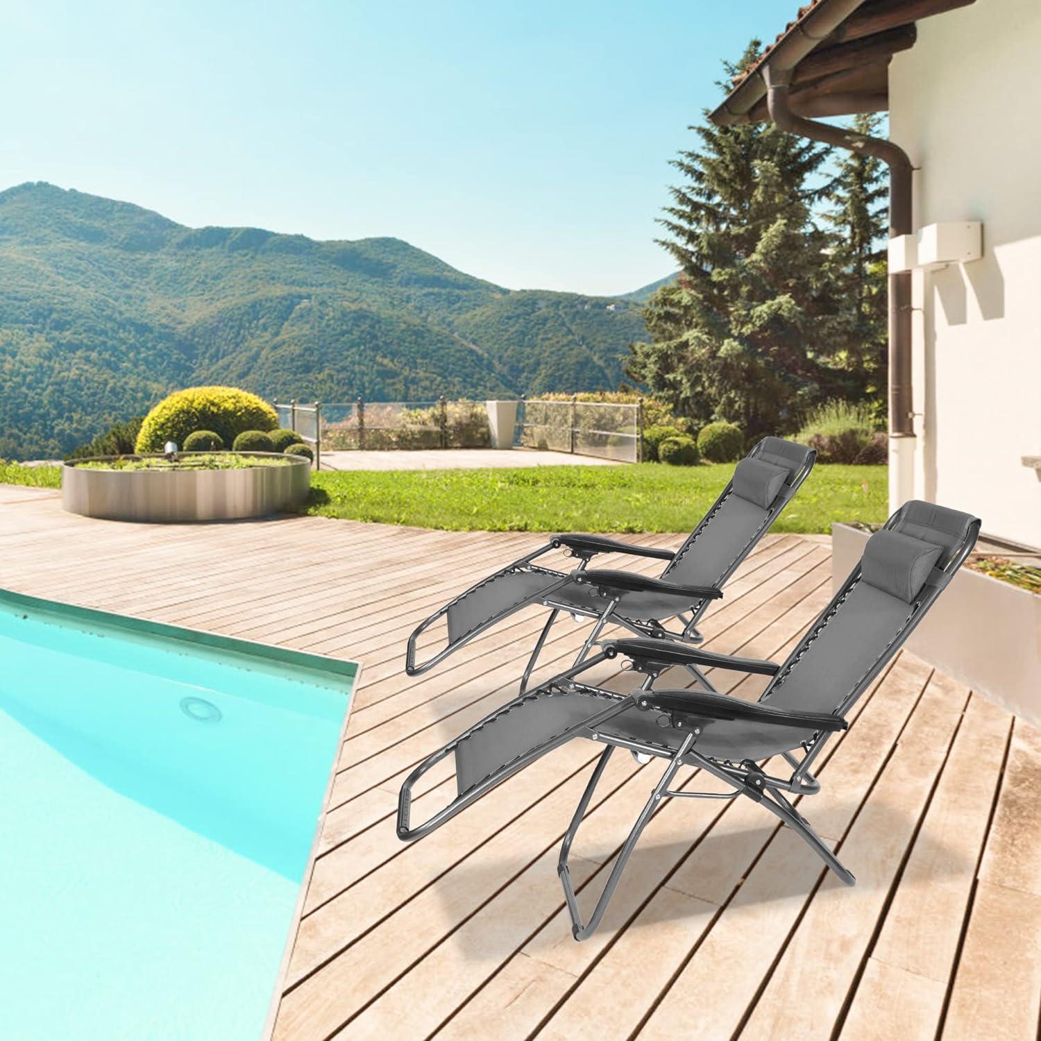 LUCKYERMORE Set of 2 Adjustable Zero Gravity Chair, Folding Reclining Patio Lounge Chair with Pillow, Gray