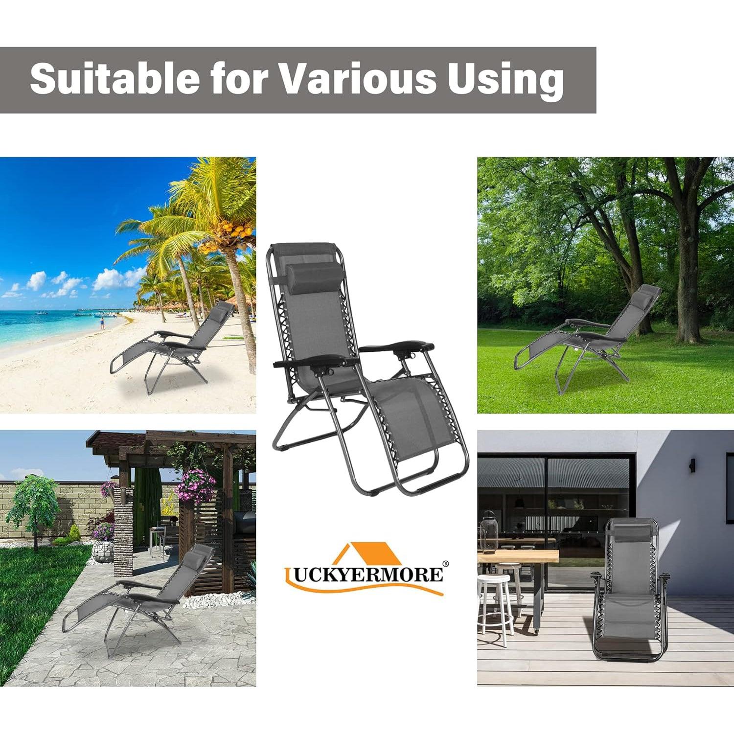 LUCKYERMORE Set of 2 Adjustable Zero Gravity Chair, Folding Reclining Patio Lounge Chair with Pillow, Gray