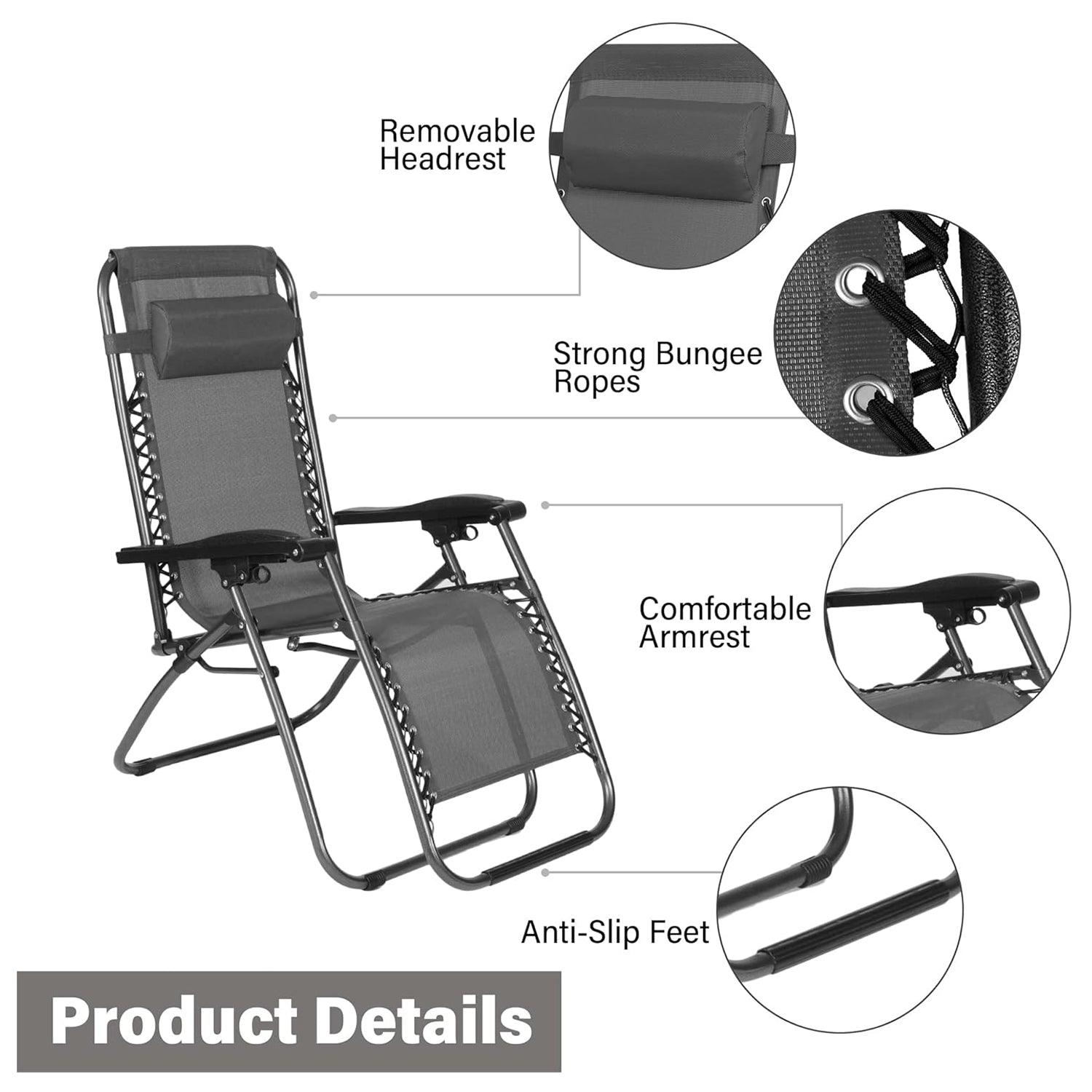 LUCKYERMORE Set of 2 Adjustable Zero Gravity Chair, Folding Reclining Patio Lounge Chair with Pillow, Gray
