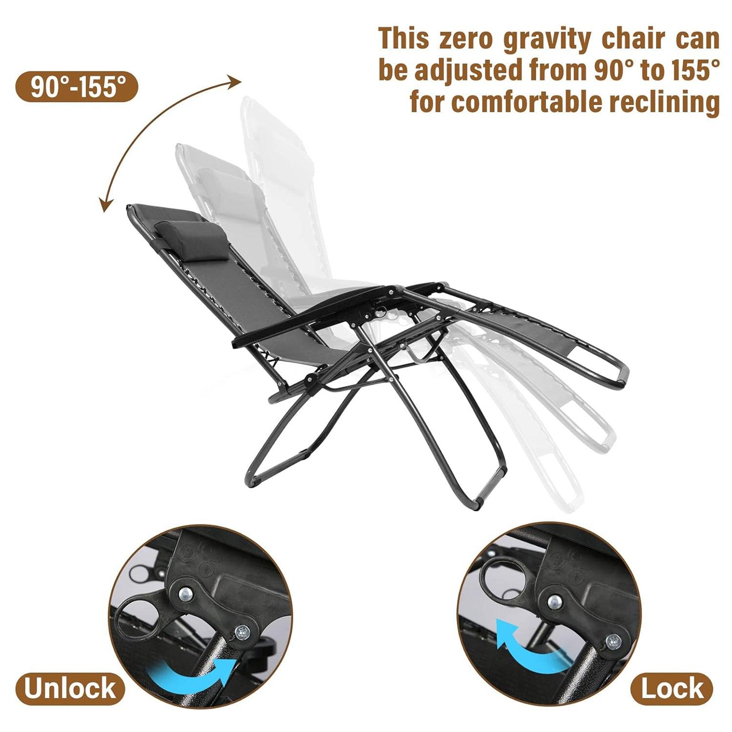 LUCKYERMORE Set of 2 Adjustable Zero Gravity Chair, Folding Reclining Patio Lounge Chair with Pillow, Gray
