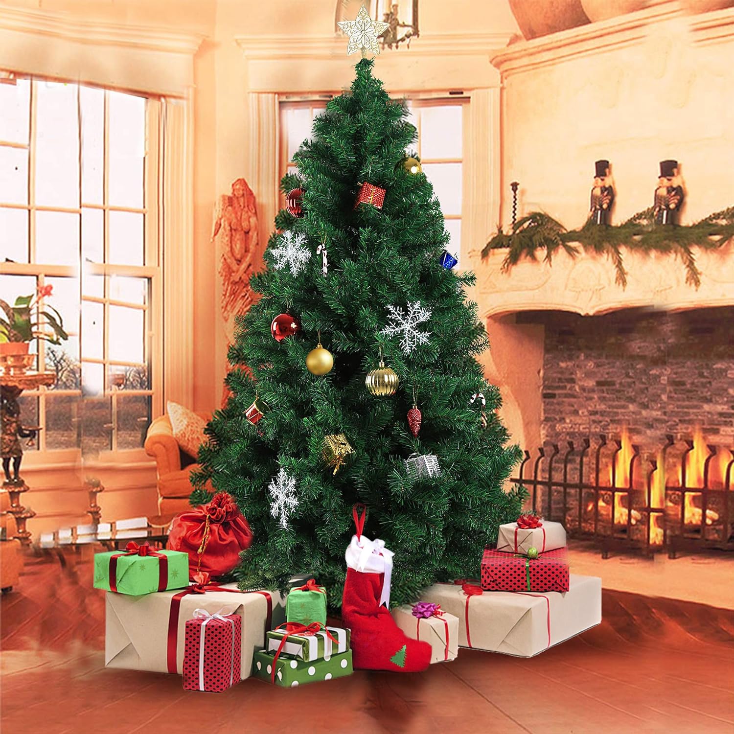 7ft Christmas Pine Tree Artificial Xmas Tree with 1000 Branch Tips and Decoration, Green
