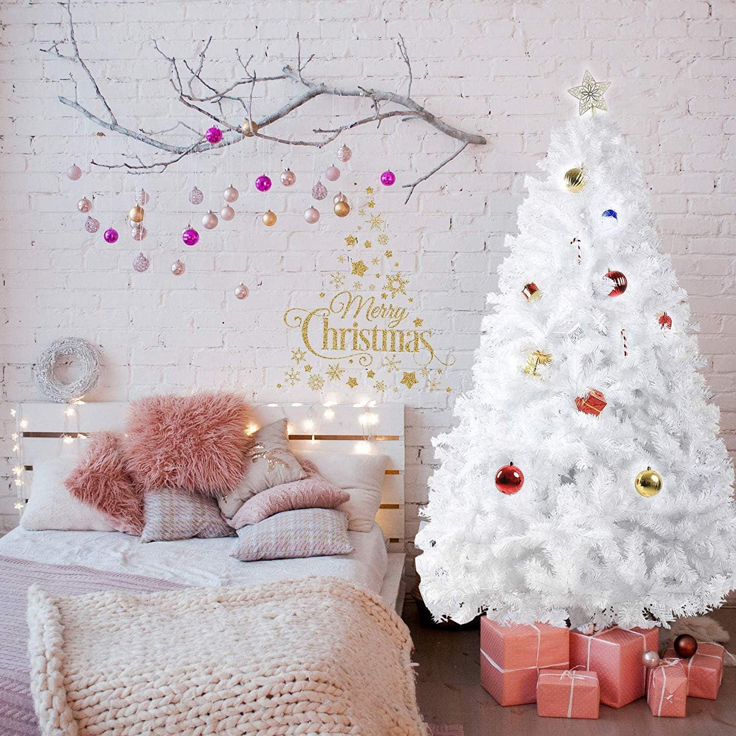 7ft Christmas Tree Artificial Pine Tree with 1000 Branch Tips and Decoration, White - Luckyermore