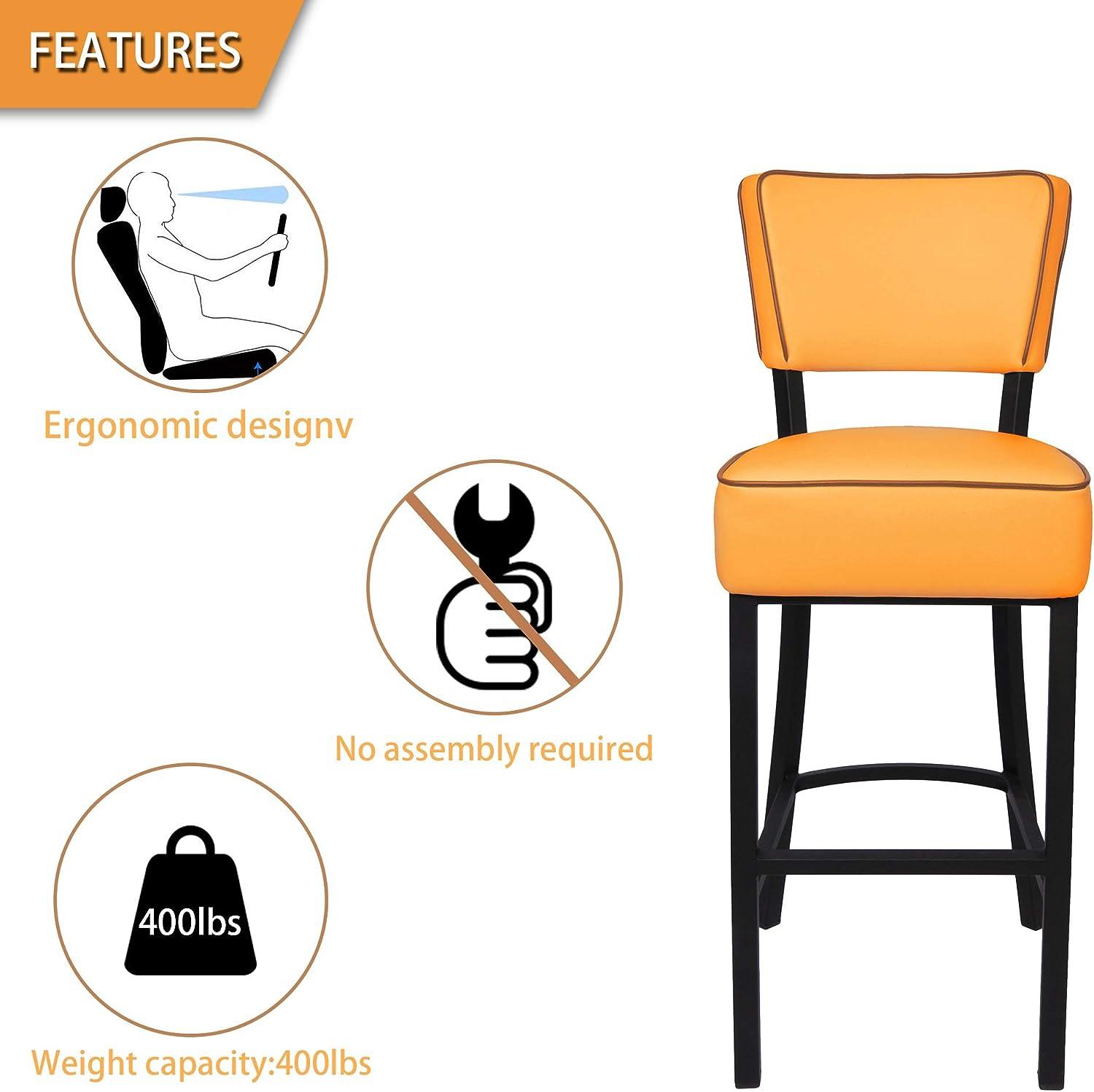 LUCKYERMORE 30” Upholstered Bar Stools Kitchen Chairs Counter Pub Leather Dining Chairs, Orange