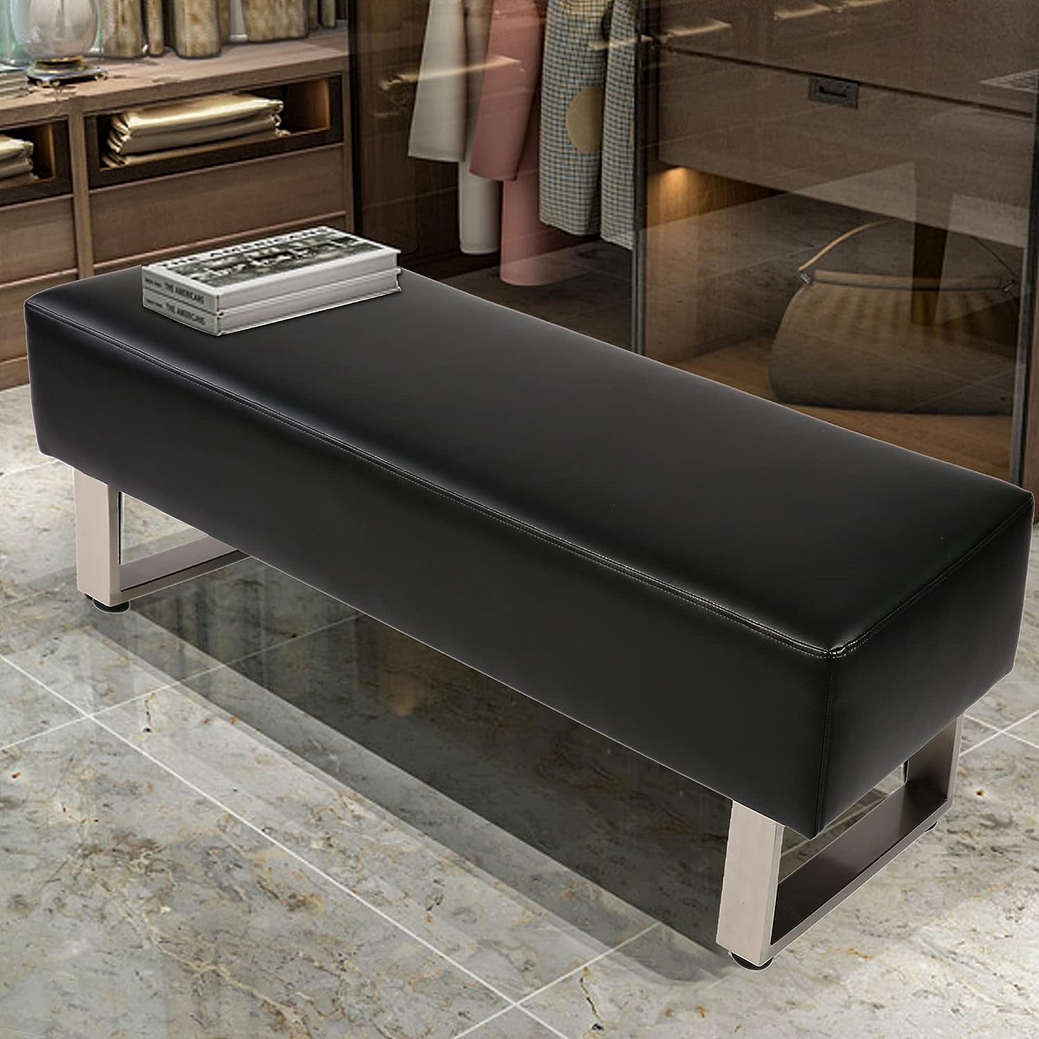 47"L Modern PU Leather Dining Room Bench Upholstered Padded Seat, Black