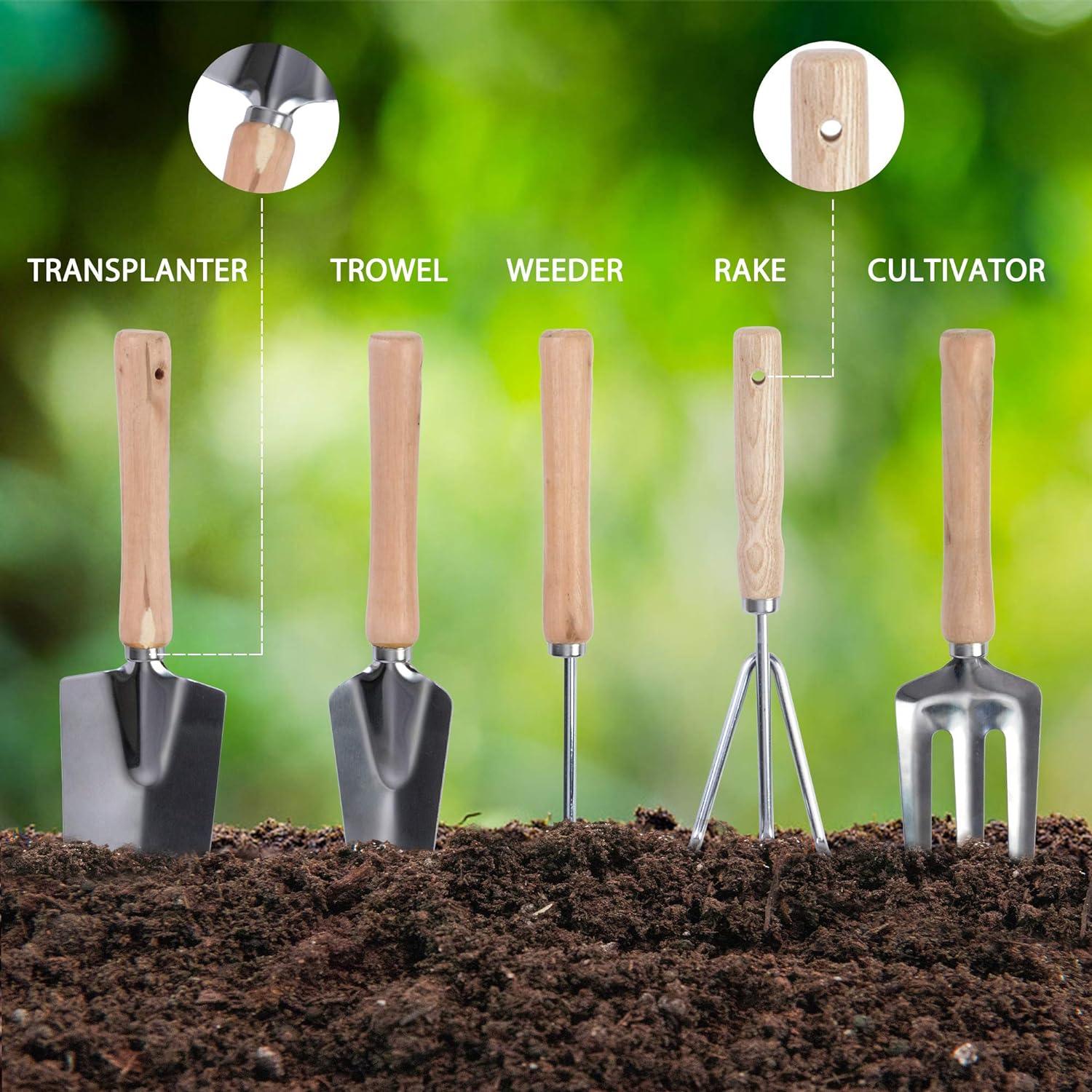 Garden Tool Set 9 Piece Gardening Tools with Ergonomic Wooden Handle Sturdy Stool with Detachable Tool Kit - Luckyermore