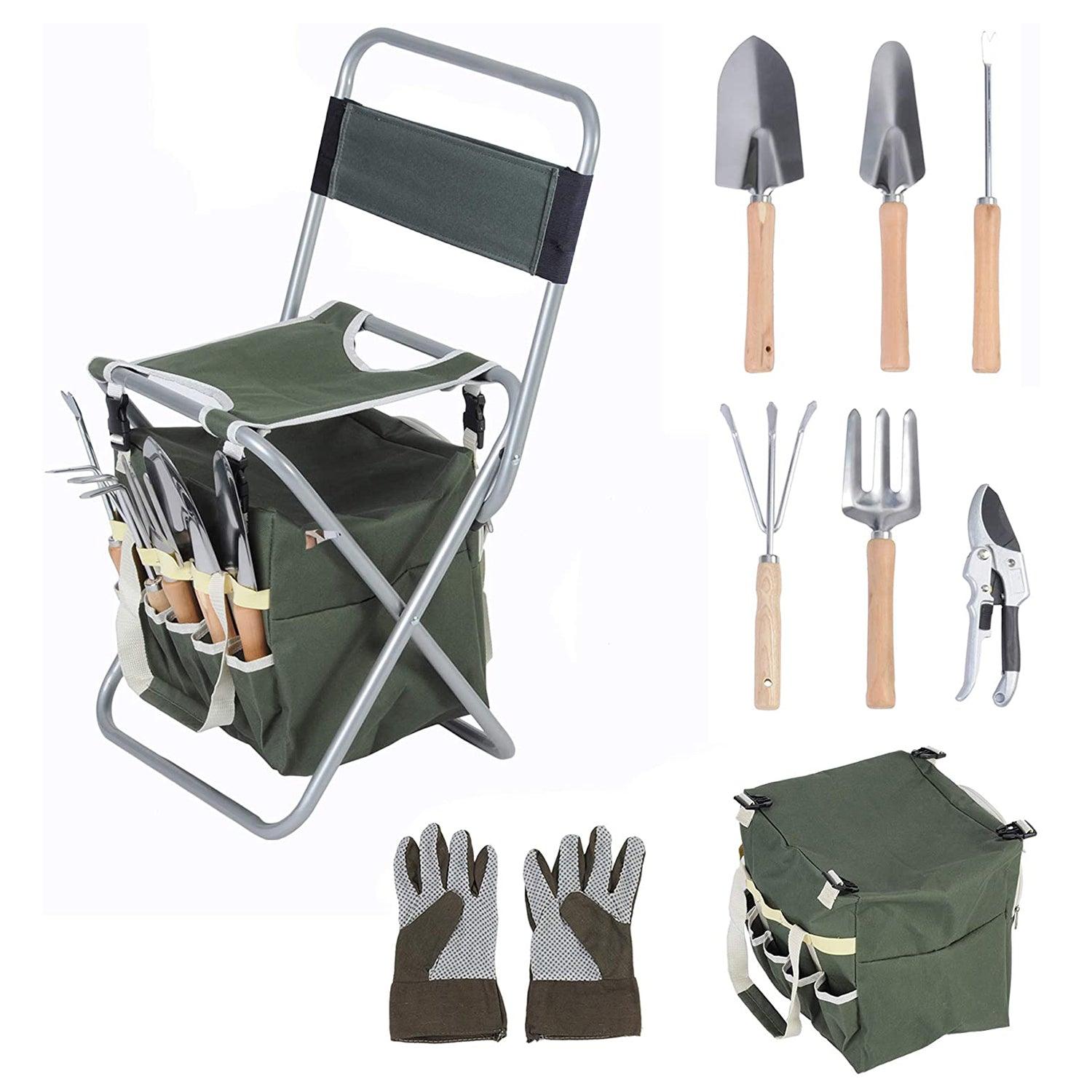 Garden Tool Set 9 Piece Gardening Tools with Ergonomic Wooden Handle Sturdy Stool with Detachable Tool Kit - Luckyermore