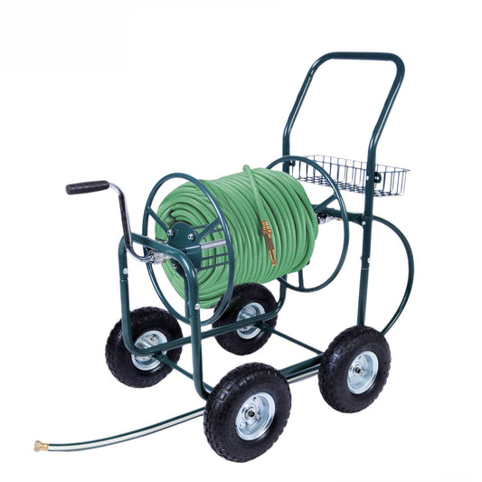 Portable Garden Hose Reel Cart with Wheels with Storage Basket Rust Resistant Water Hose Holder
