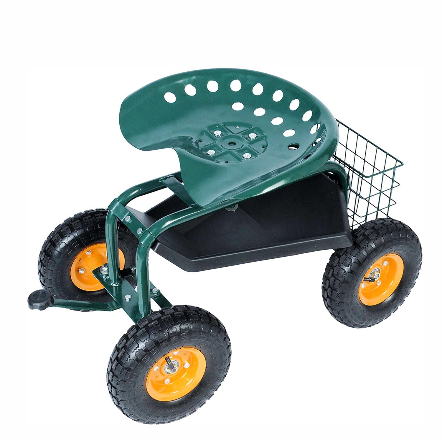 Rolling Garden Cart with Seat Lawn Yard Patio Work Seat Gardening Stool Cart with Tool Tray and Storage Basket