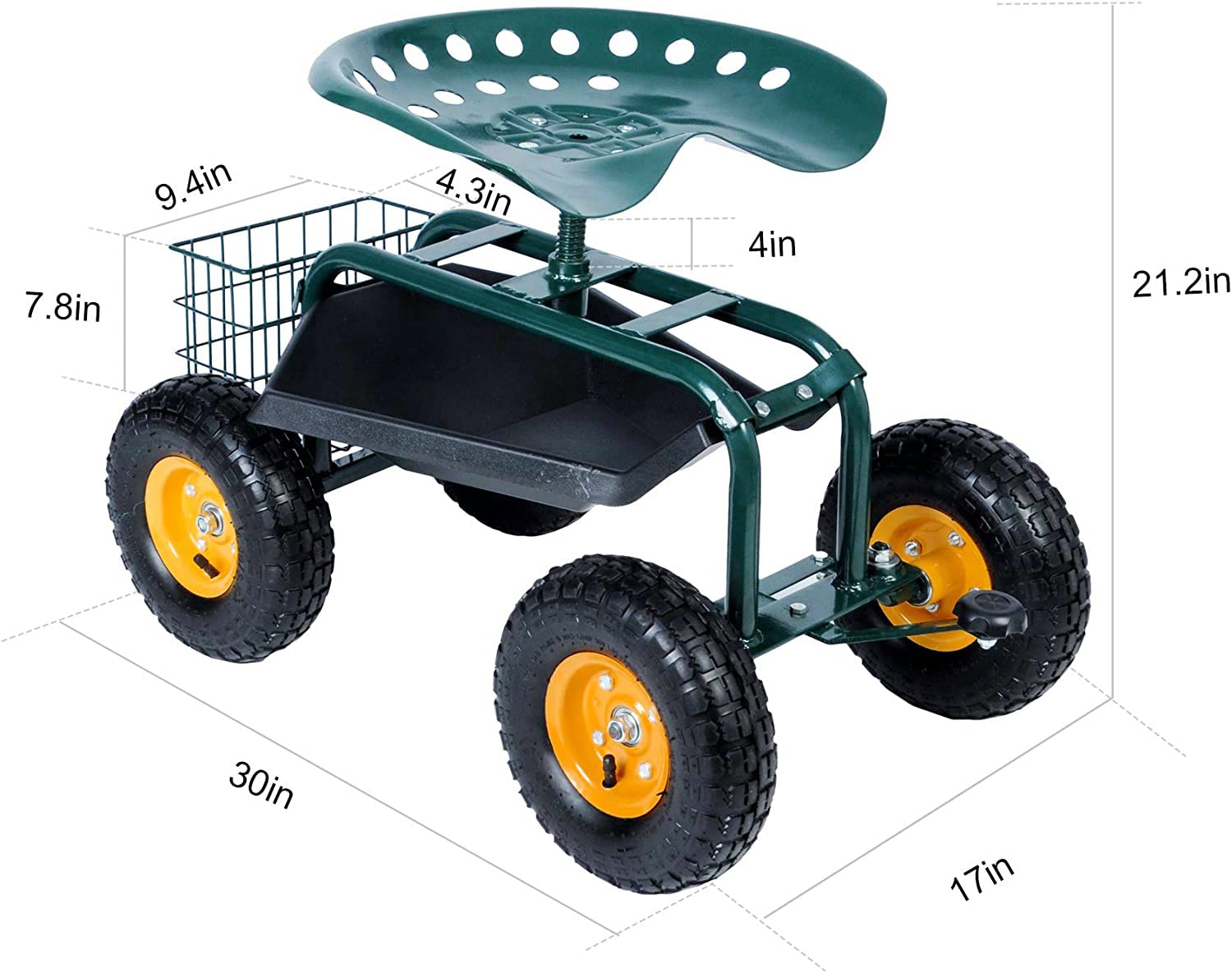Rolling Garden Cart with Seat Lawn Yard Patio Work Seat Gardening Stool Cart with Tool Tray and Storage Basket