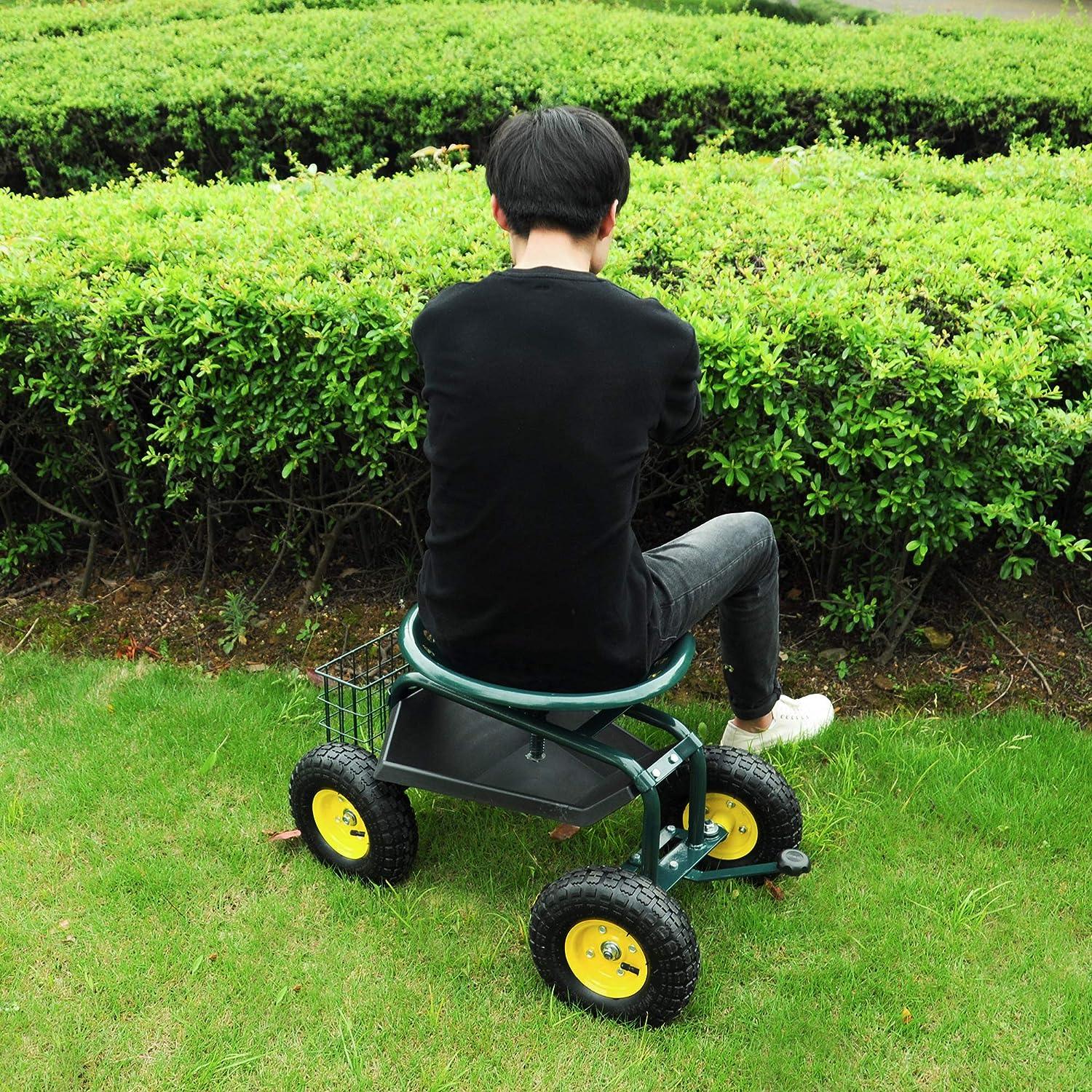 Rolling Garden Cart with Seat Lawn Yard Patio Work Seat Gardening Stool Cart with Tool Tray and Storage Basket - Luckyermore