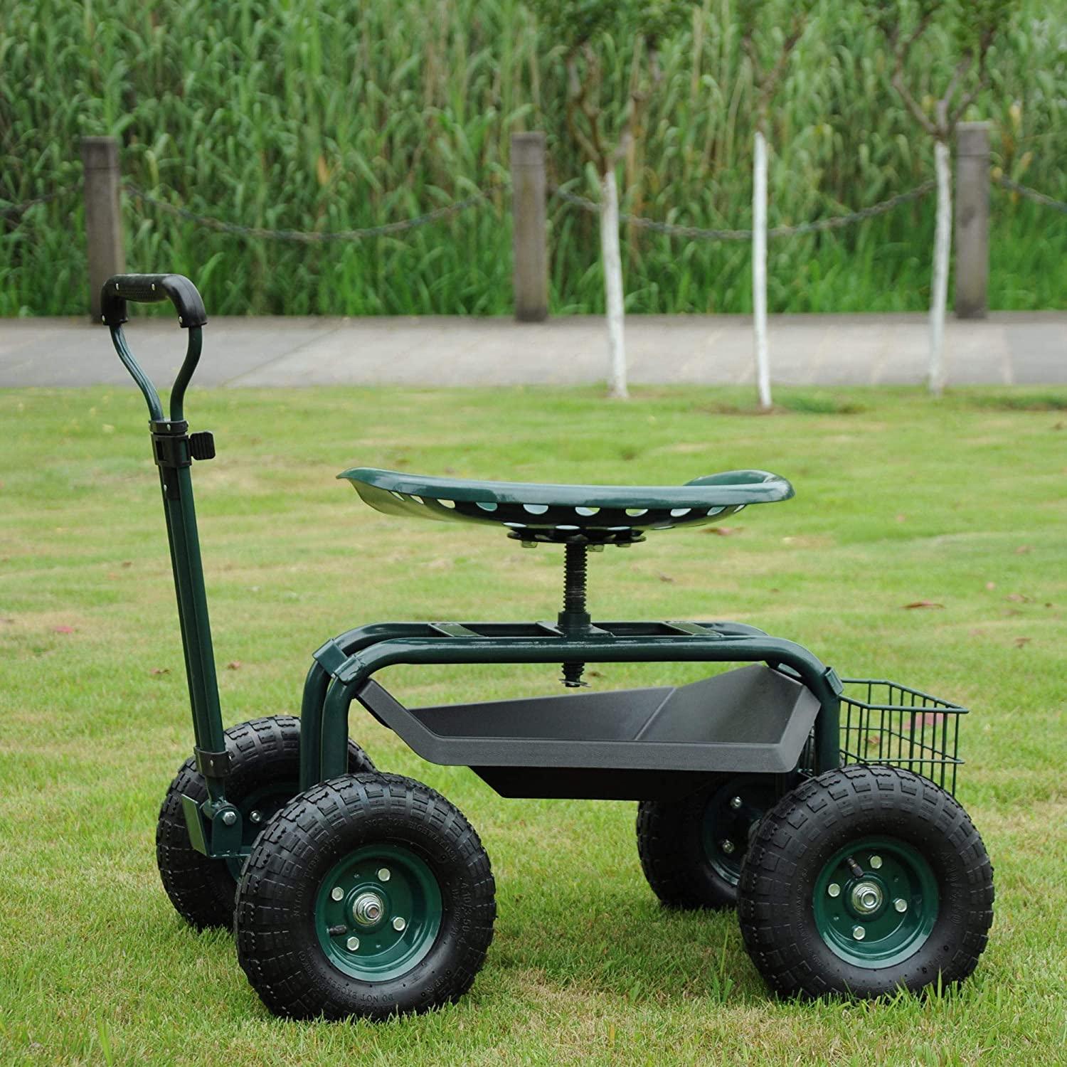 Rolling Garden Cart with Seat Lawn Yard Patio Work Seat Gardening Stool with Tool Tray and Storage Basket, with Handle - Luckyermore