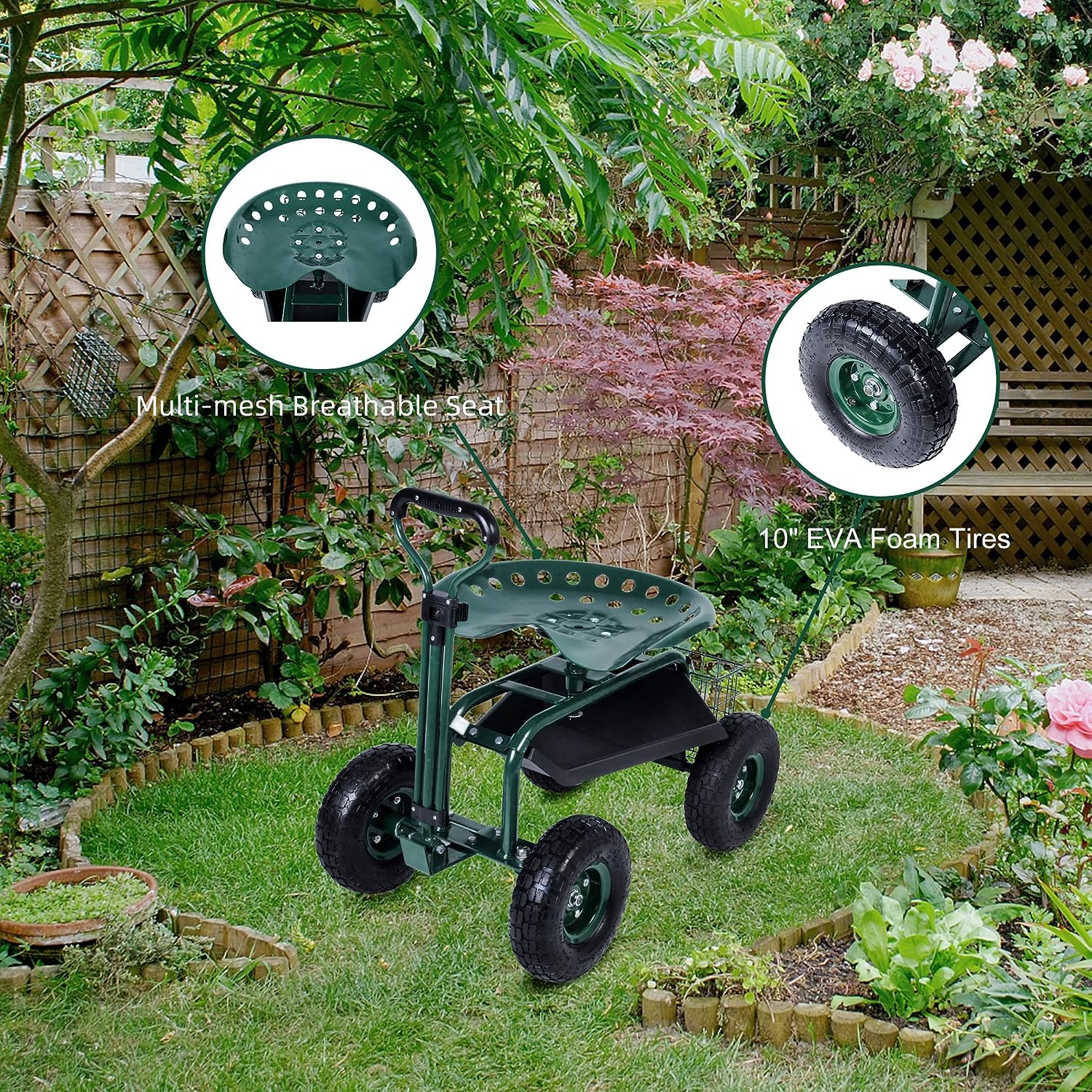 Rolling Garden Cart with Seat Lawn Yard Patio Work Seat Gardening Stool with Tool Tray and Storage Basket, with Handle