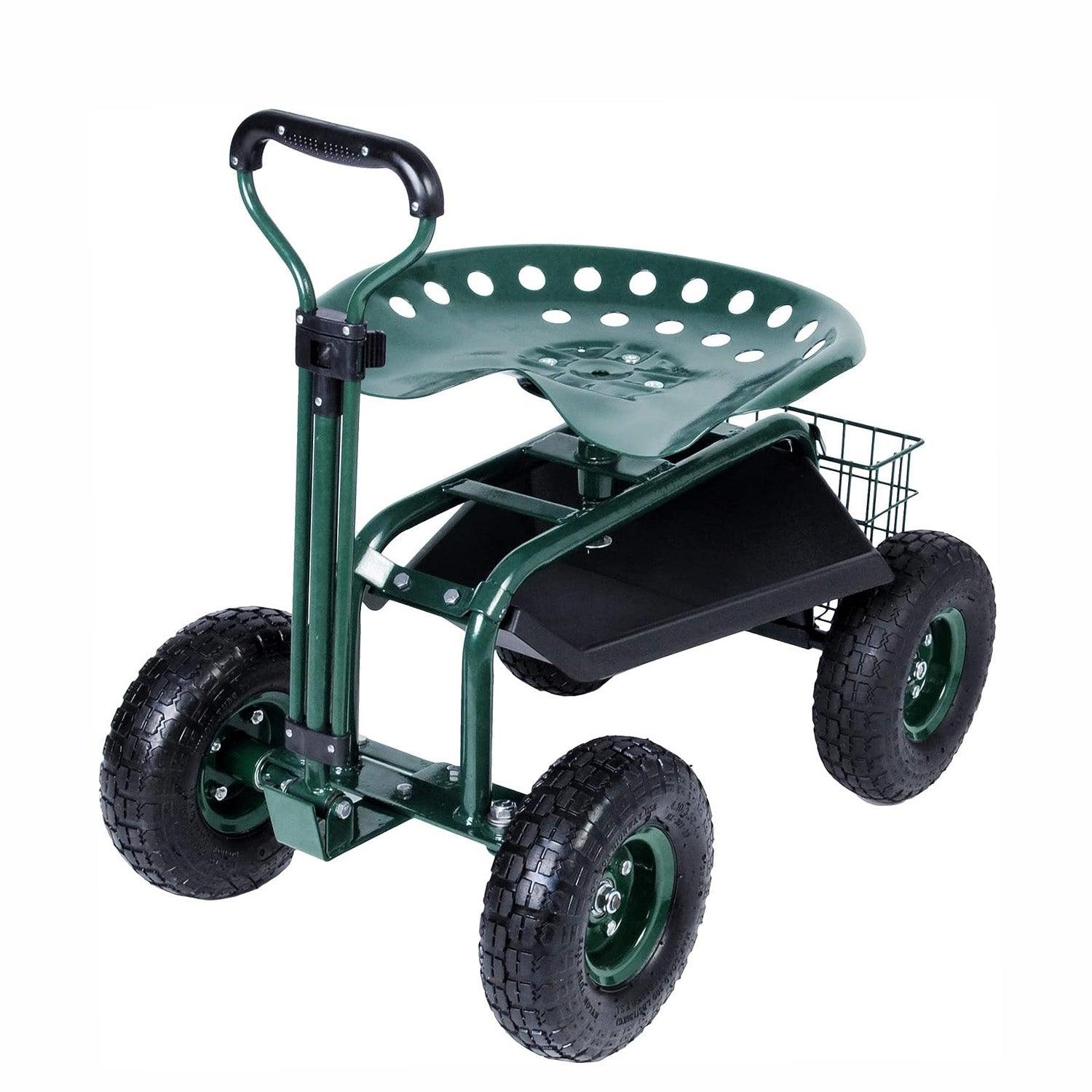 Rolling Garden Cart with Seat Lawn Yard Patio Work Seat Gardening Stool with Tool Tray and Storage Basket, with Handle - Luckyermore